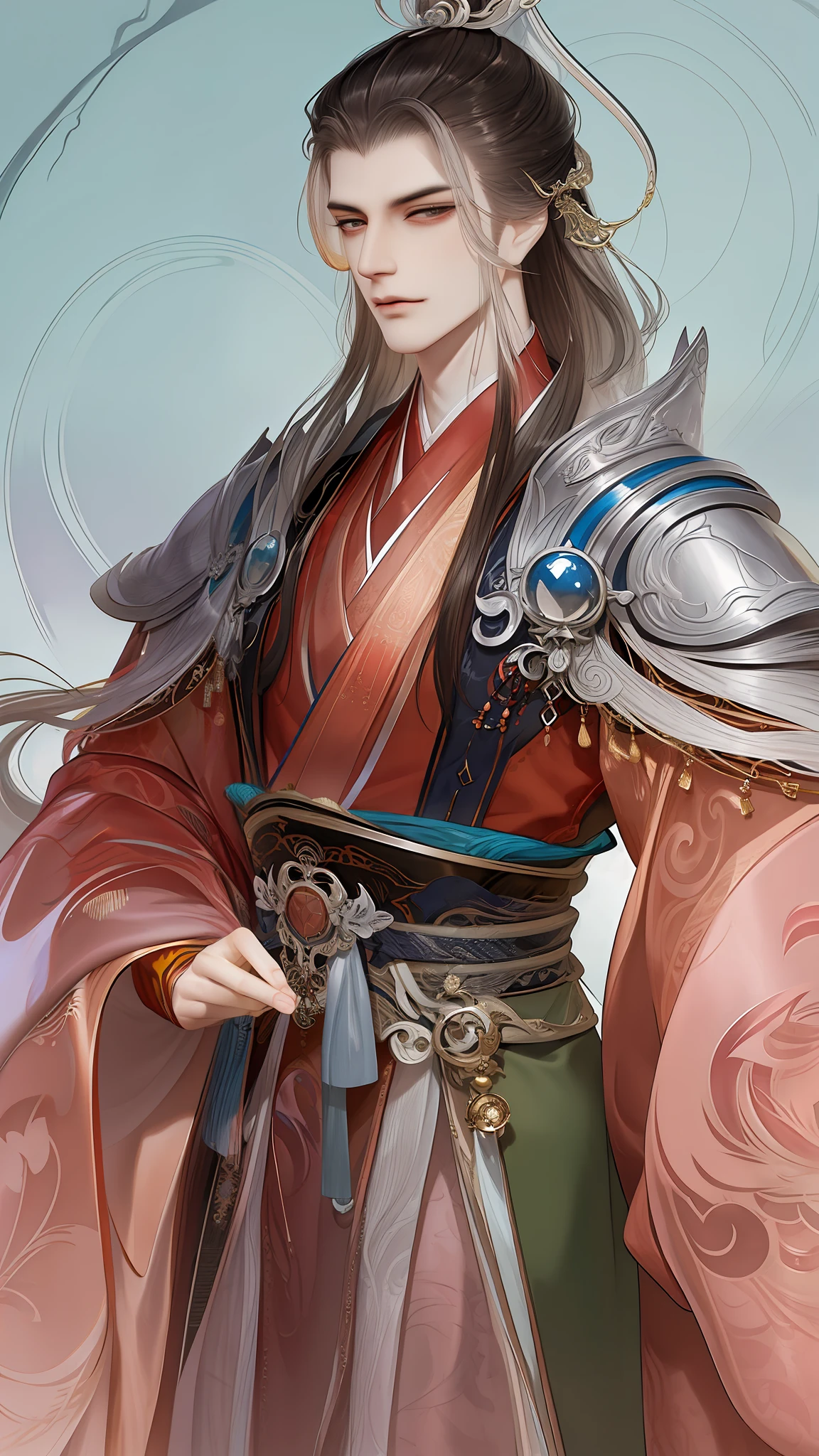 best qualtiy，tmasterpiece，highly detailed wallpaper，1 domineering man，Character standing drawing，malefocus，brunette color hair，long whitr hair，Kingly temperament，详细的脸，gorgeous hair accessory，looking at viewert，Hanfu，超高分辨率，sketching，ink wash style