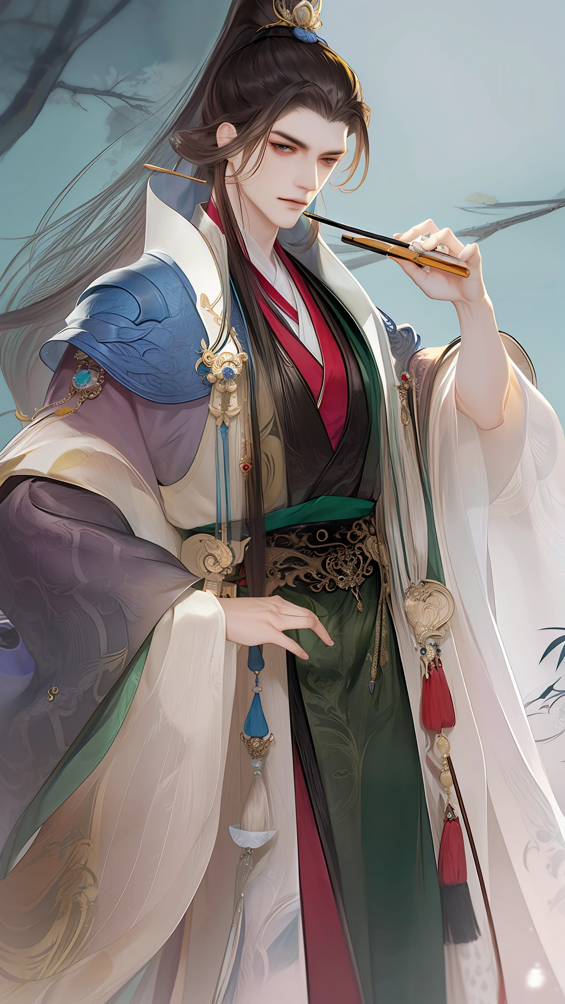 best qualtiy,tmasterpiece,highly detailed wallpaper,1 domineering man,Character standing drawing,malefocus,brunette color hair,long whitr hair,Kingly temperament,详细的脸,gorgeous hair accessory,looking at viewert,Hanfu,超高分辨率,sketching,ink wash style