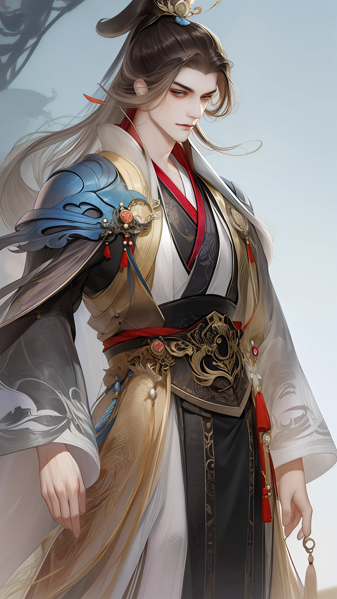 best qualtiy，tmasterpiece，highly detailed wallpaper，1 domineering man，Character standing drawing，malefocus，brunette color hair，long whitr hair，Kingly temperament，详细的脸，gorgeous hair accessory，looking at viewert，Hanfu，超高分辨率，sketching，ink wash style