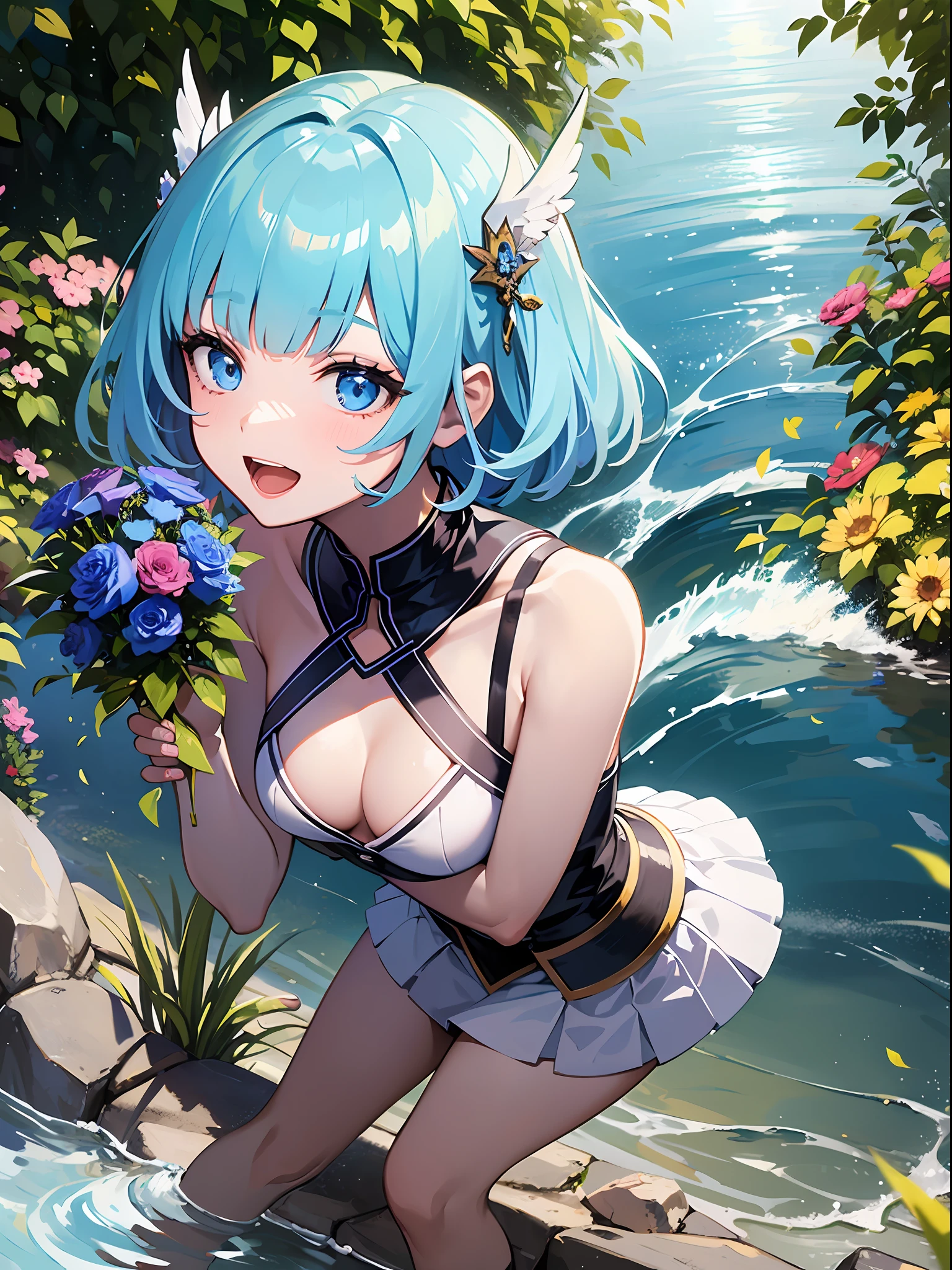 (masterpiece:1.3), (best quality:1.3), high resolution,
from above, dutch angle, couboy shot,
leaning forward, (holding:1.1), body facing forward, dynamic pose,
(one cute girl:1.3), solo,
white skin, small Breast, eight-headed person,
light blue hair, (bobbed hair:1.2), (short hair:1.2), (blunt bangs:1.2), beautiful hair, blue eyes, beautiful detailed eyes,
open mouth, heart, cheerful smile,
(bouquet:1.1), blue check skirt, Futuristic clothing,
outdoors, water magic,
shadowlighting,