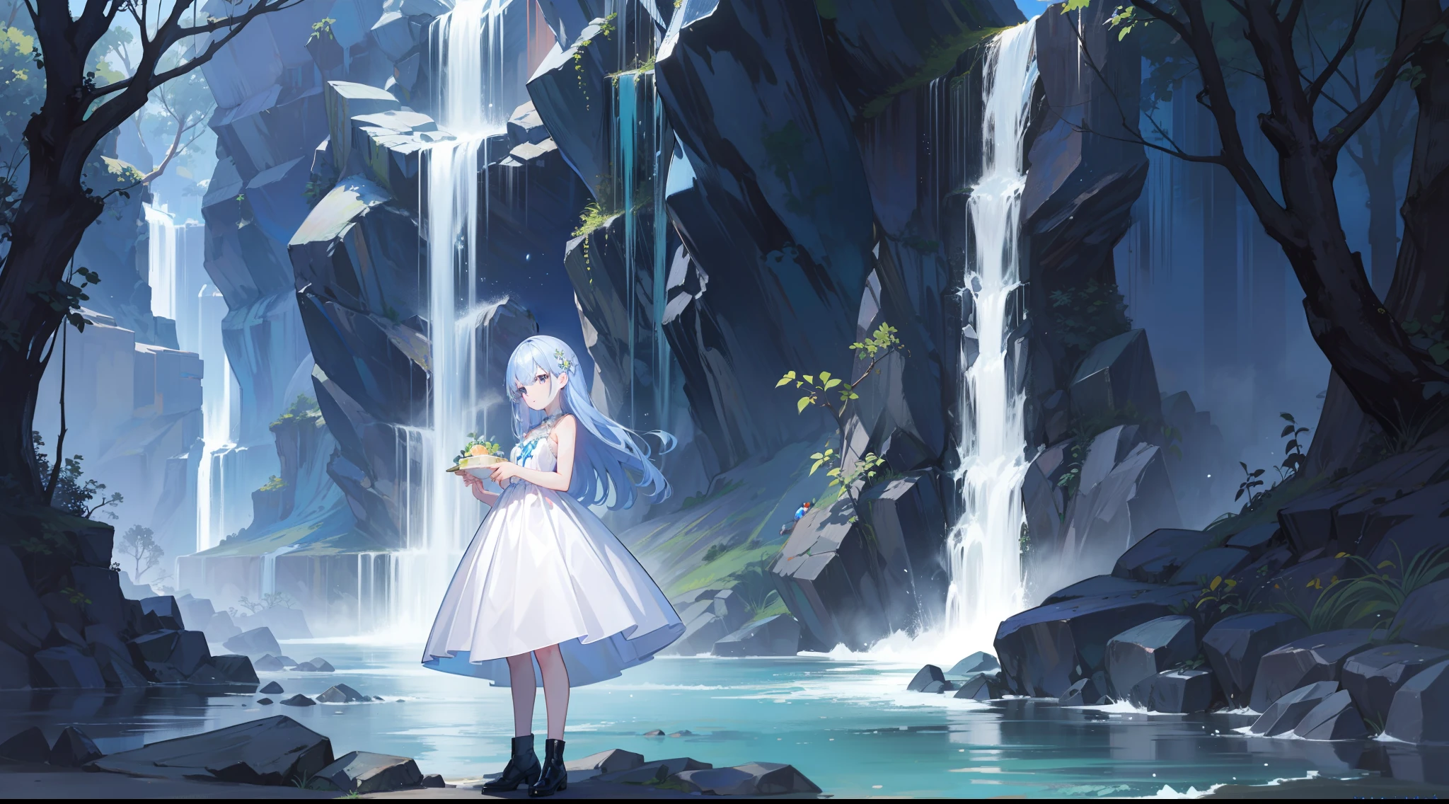 masutepiece, Fine detail, 4K, 8K, 12K, Solo, Solo, Beautiful Girl, caucasian female, Lori, chilled、Small children、White Dress, Sleeveless, Blue Forest, Blue Falls, Shining waterfalls, Night