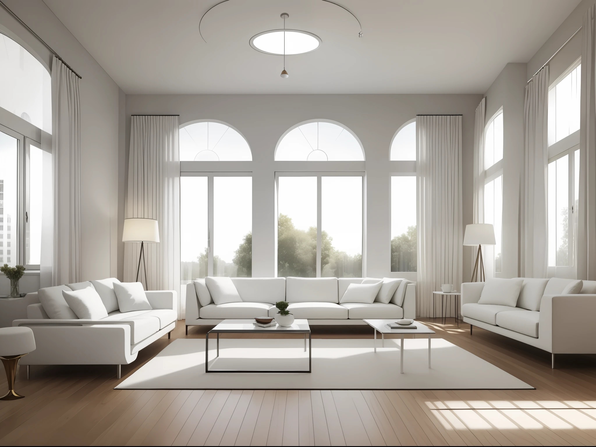 modern living room with white furniture, cushions, frames with no pictures, soft late afternoon light coming through windows, god rays, UHD, retina, super detail, high quality, highres, 16k