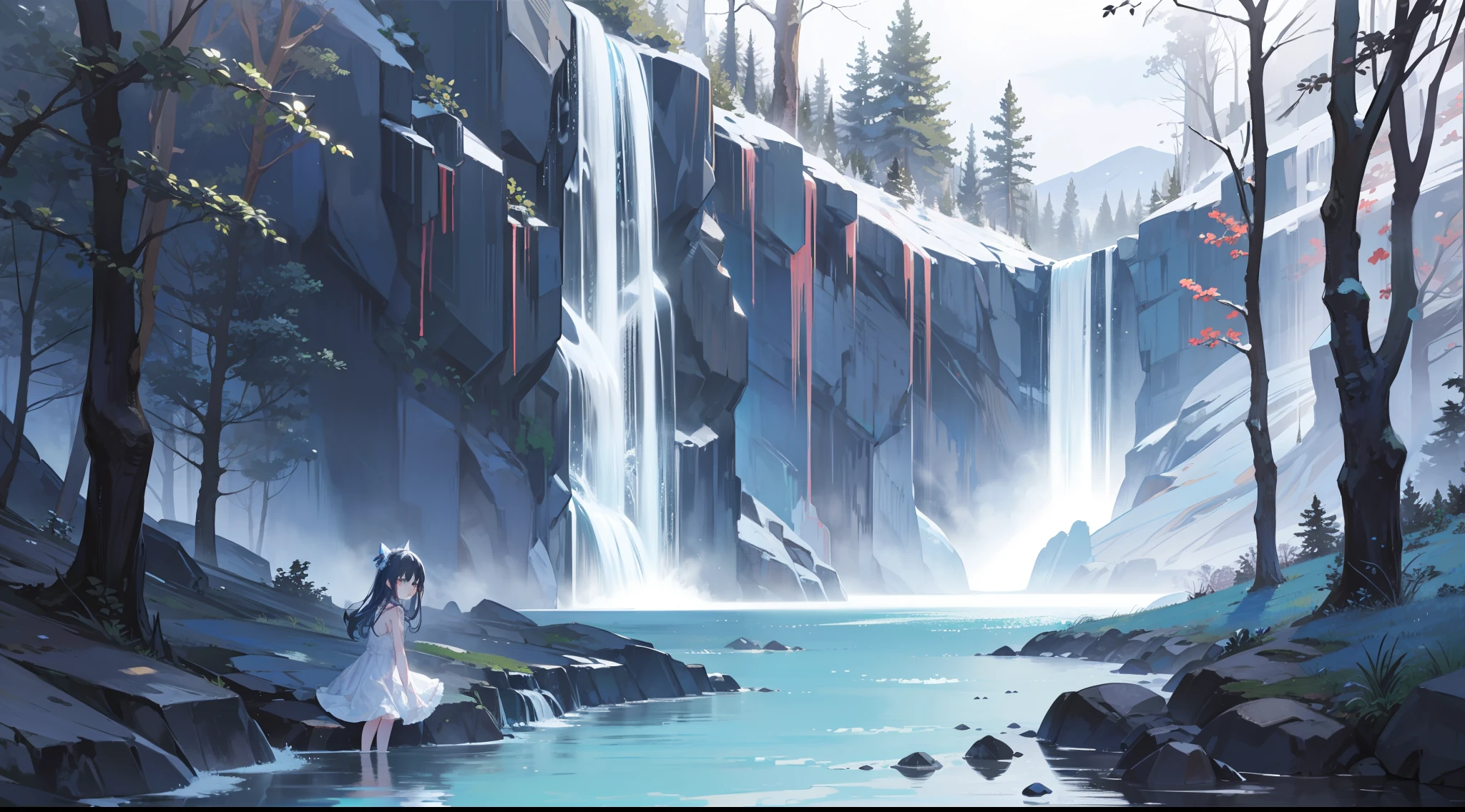 masutepiece, Fine detail, 4K, 8K, 12K, Solo, Solo, Beautiful Girl, caucasian female, Lori, chilled、Small children、White Dress, Sleeveless, Blue Forest, Blue Falls, Shining waterfalls, Night