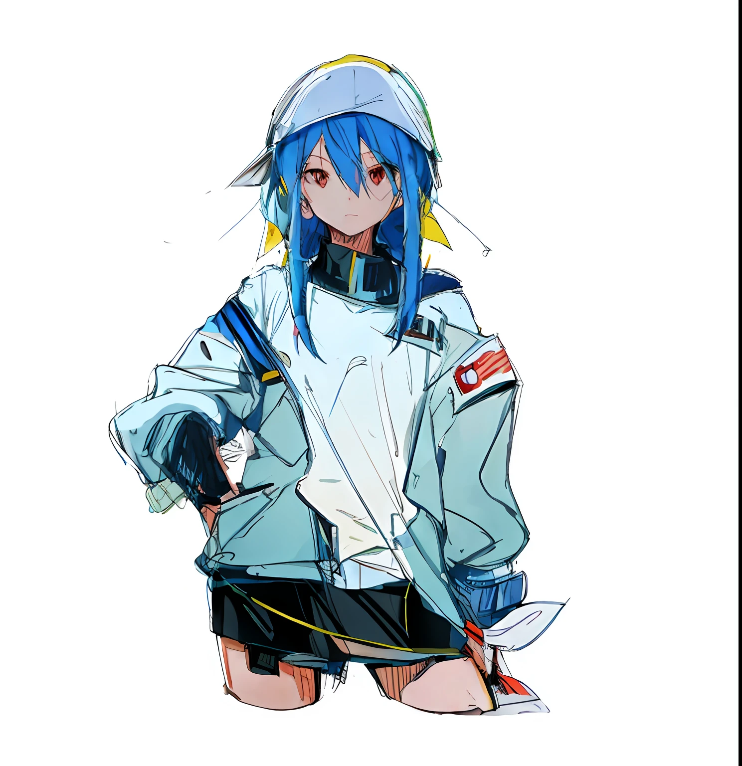 blue hairs，Anime girl in white jacket and black shorts, 2 d anime style, 2d anime, Kantai collection style, ayanami, 2D art, 2 d art, cushart kenz, rogue anime girl ayanami rei, 2 d style, with index finger, 2 d digital, 2d art cover, cheerfulness!!!