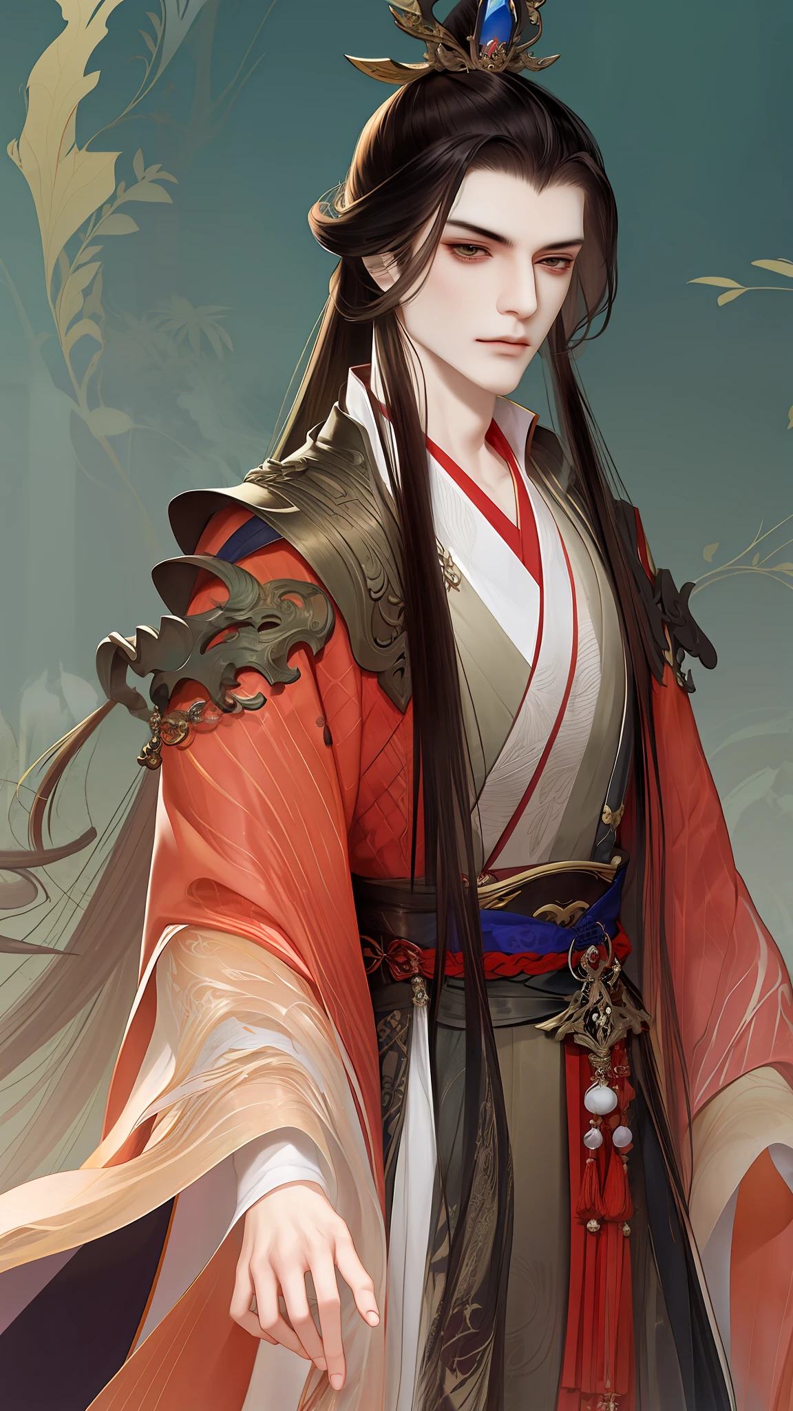 best qualtiy，tmasterpiece，highly detailed wallpaper，1 domineering man，Character standing drawing，malefocus，brunette color hair，long whitr hair，Kingly temperament，详细的脸，gorgeous hair accessory，looking at viewert，Hanfu，超高分辨率，sketching，ink wash style