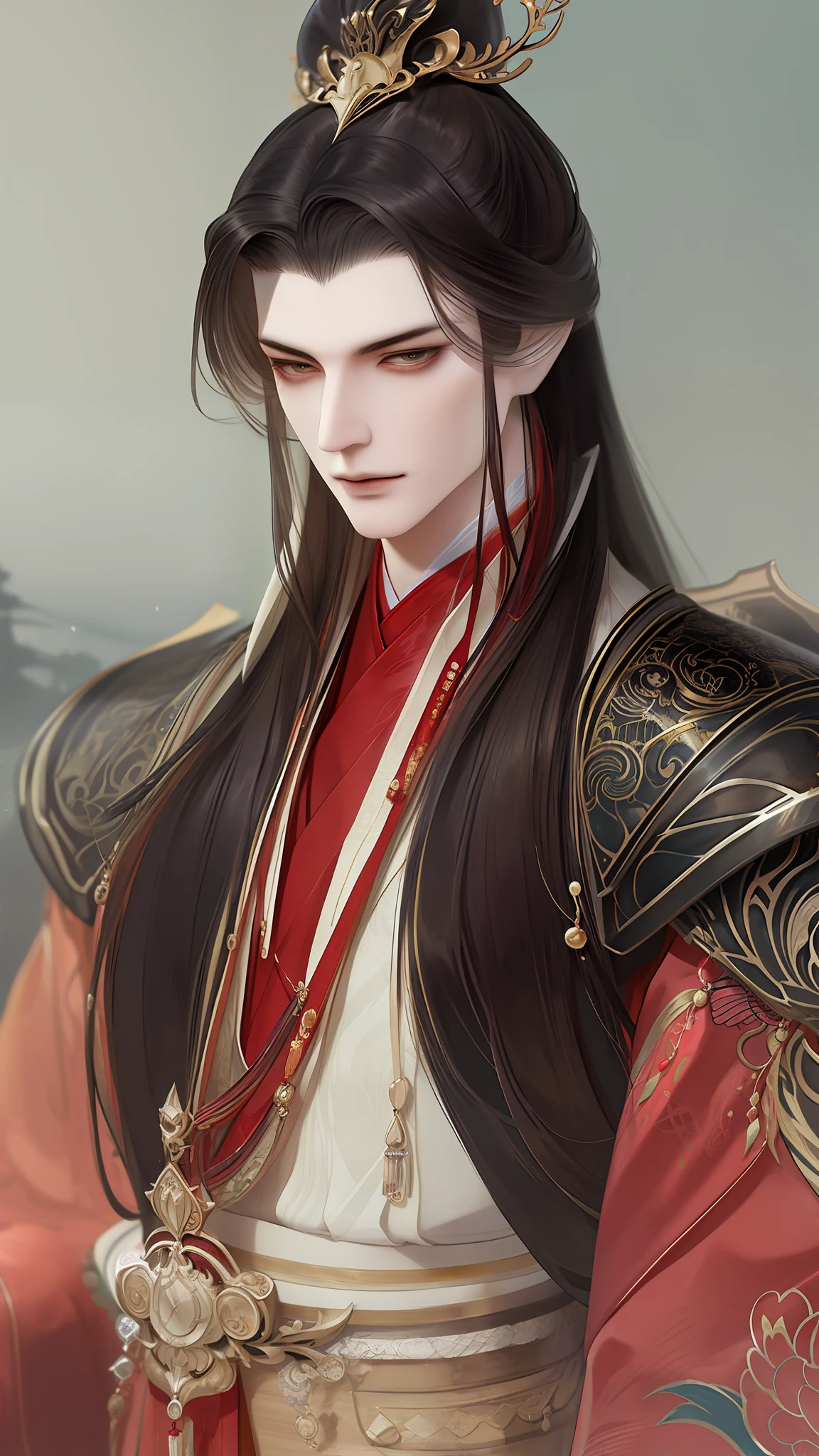 best qualtiy，tmasterpiece，highly detailed wallpaper，1 domineering man，Character standing drawing，malefocus，brunette color hair，long whitr hair，Kingly temperament，详细的脸，gorgeous hair accessory，looking at viewert，Hanfu，超高分辨率，sketching，ink wash style