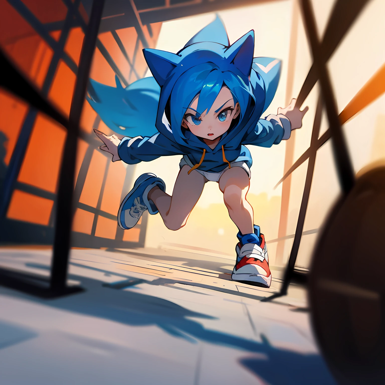 (masterpiece:1.2, best quality), (highly detailed), 1girl, girl, teenng legs, long hair, blonde, (white panties), (blue sonic the hedgehog hoodie), hood on, red sneakers, running in gym, low angle, Original Character, Volumetric Lighting, Best Shadows, Shallow Depth of Field, (Highest Quality, Amazing Details:1.25), Brilliant Colorful Paintings