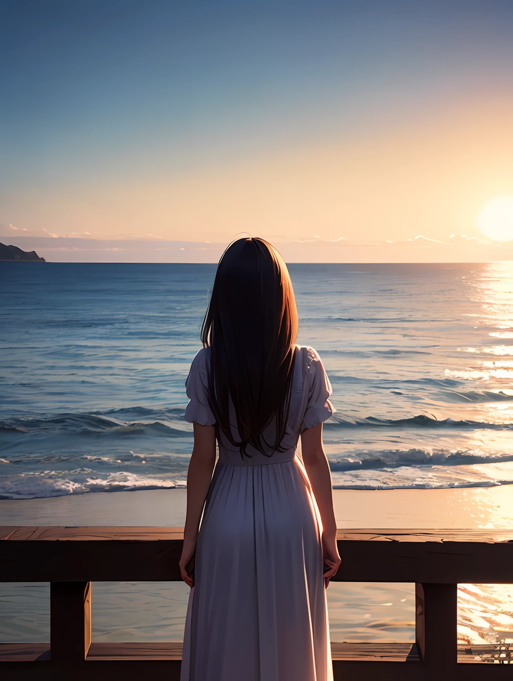 Girl in long dress by the sea,Back shadow,early evening,evening light,Strong sense of atmosphere,Ultra-clear,Hyper-Resolution,9:16, --auto