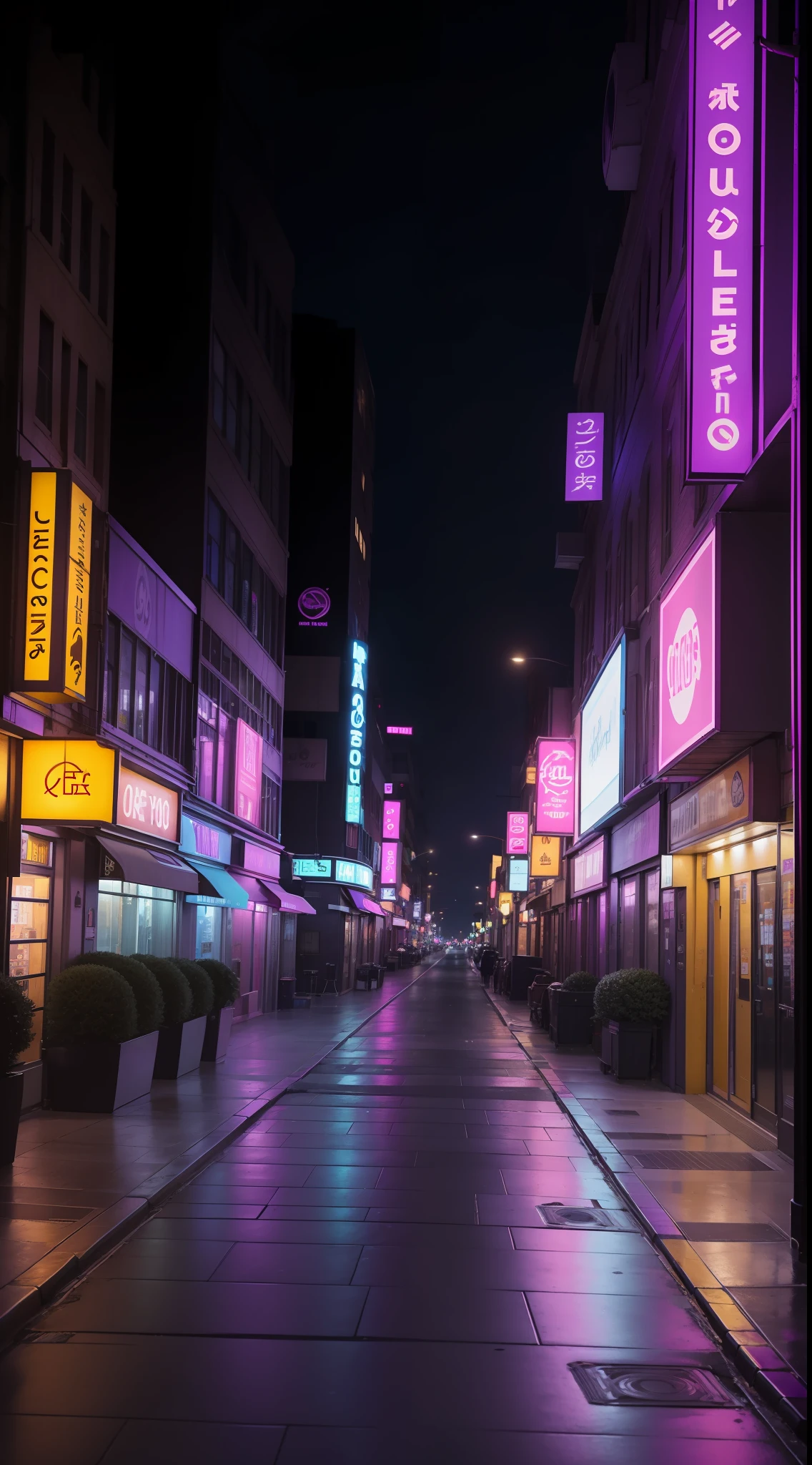 A street at night, illuminated by the bright lights of buildings and street lamps. The scene is dominated by shades of purple, with a yellow sign in the background featuring black writing. In the foreground there is a building with a purple door and white handle, as well as an open window on its side. Further down the street there are more buildings and signs, including one large purple sign with writing on it. There are also several rectangular objects scattered around that appear to be painted pink and purple. Overall this image captures the beauty of city streets at night - from the vibrant colors to the security lighting illuminating each corner - creating an atmosphere both inviting yet mysterious all at once.