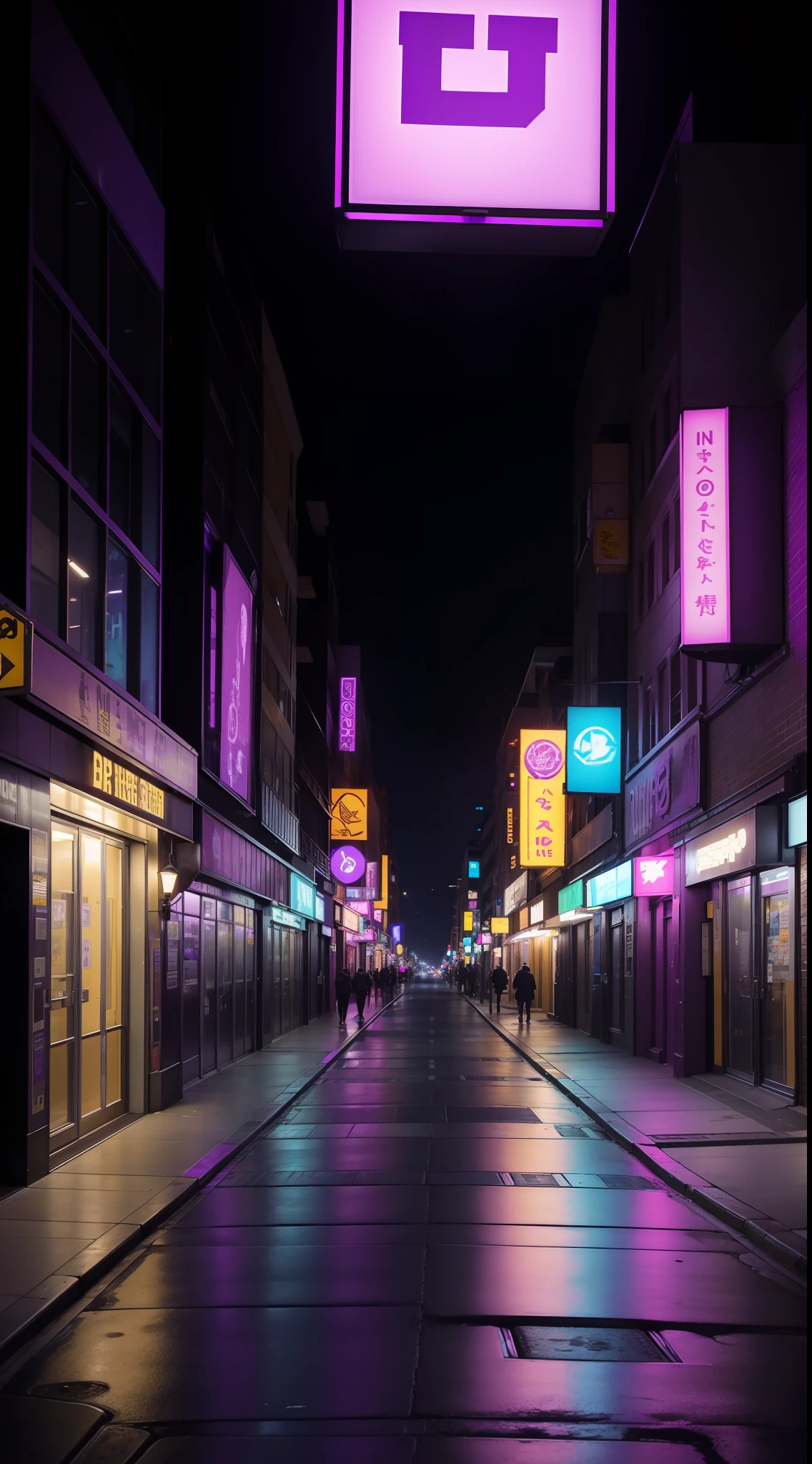 A street at night, illuminated by the bright lights of buildings and street lamps. The scene is dominated by shades of purple, with a yellow sign in the background featuring black writing. In the foreground there is a building with a purple door and white handle, as well as an open window on its side. Further down the street there are more buildings and signs, including one large purple sign with writing on it. There are also several rectangular objects scattered around that appear to be painted pink and purple. Overall this image captures the beauty of city streets at night - from the vibrant colors to the security lighting illuminating each corner - creating an atmosphere both inviting yet mysterious all at once.