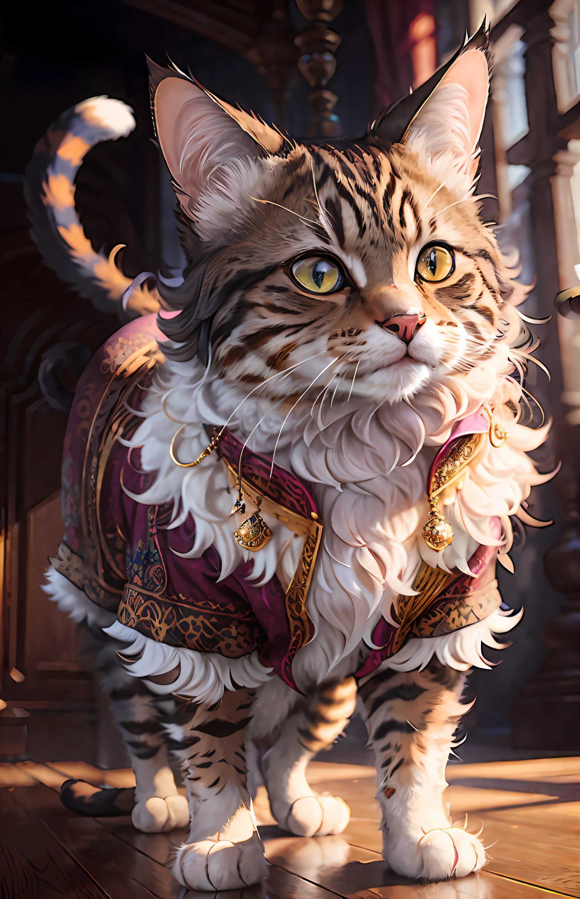 ((a cat in clothes)),,full shot,fluffy hair, anthropomorphic expressions, rich colors, exquisite details, masterpiece, realistic,artsation, cg, realistic, Unreal Engine , real light and shadow, beautiful rich colors, amazing details, high quality,a pair of ears