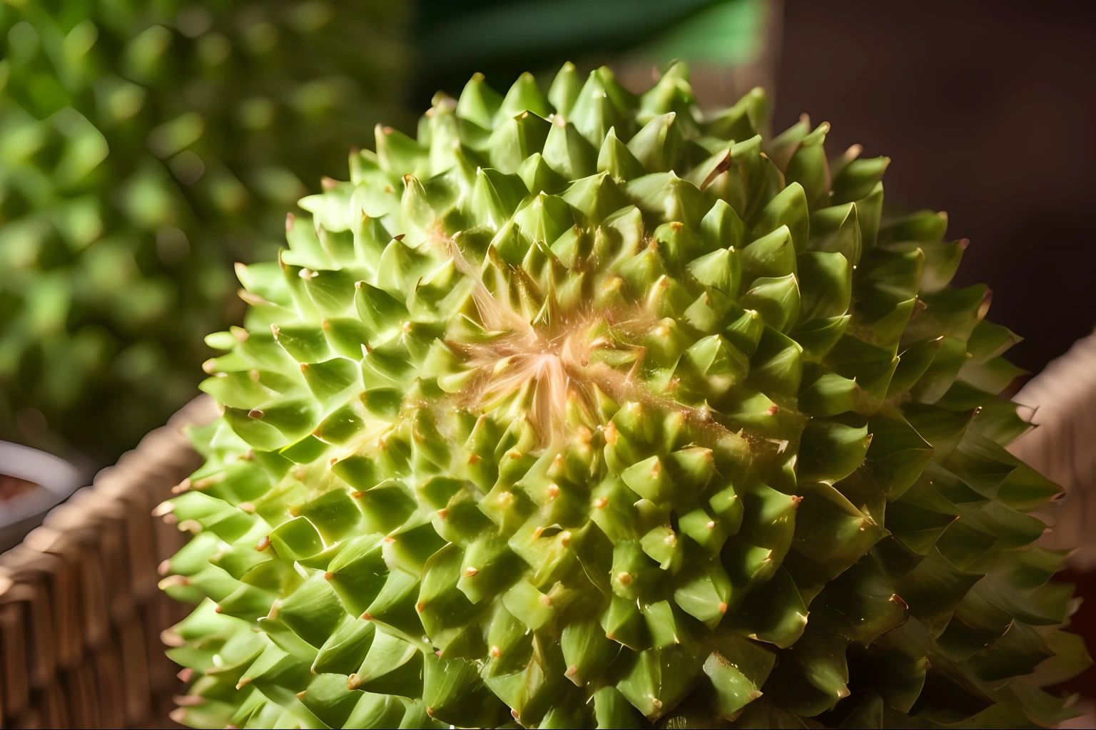 There is a fruit in the bamboo basket, tropical fruit, an alien fruit, professional fruit photography, extremely sharply detailed, spiky, jungle fruit, intricate complexity, Intricately sharp focus, Sharp thorns, extremly intricate, artichoke, very sharp and detailed image, Highly clear details