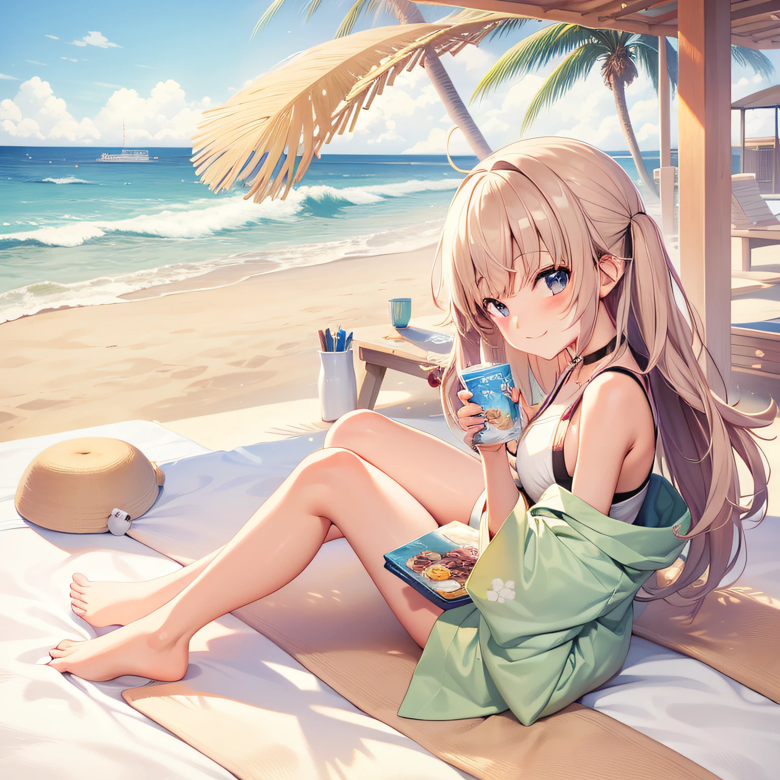 Japanese cartoon style,Vista Beach,The girl basking in the sun smiled coyly,waves crashing,White clouds float。 --auto