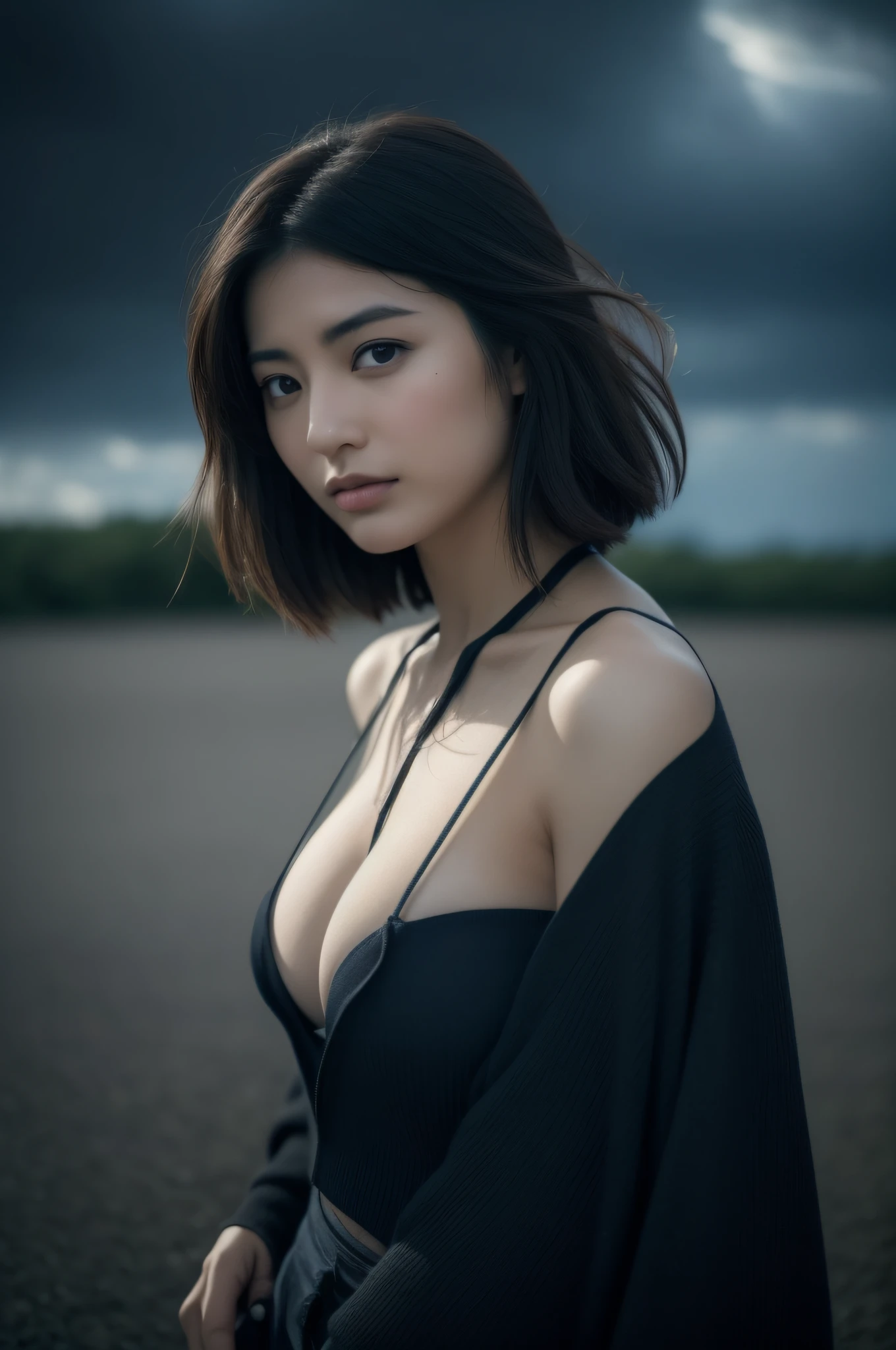 1girl in,Very beautiful 30 year old Japan woman、so short hair、eyesight、cleavage of the breast、the wind、Dark cloudy sky、Body like a model、Colossal tits、The shirt、open one's legs、high-level image quality、Top image quality、Looking at the camera、Focus on the eyes、boldness、bladerunner