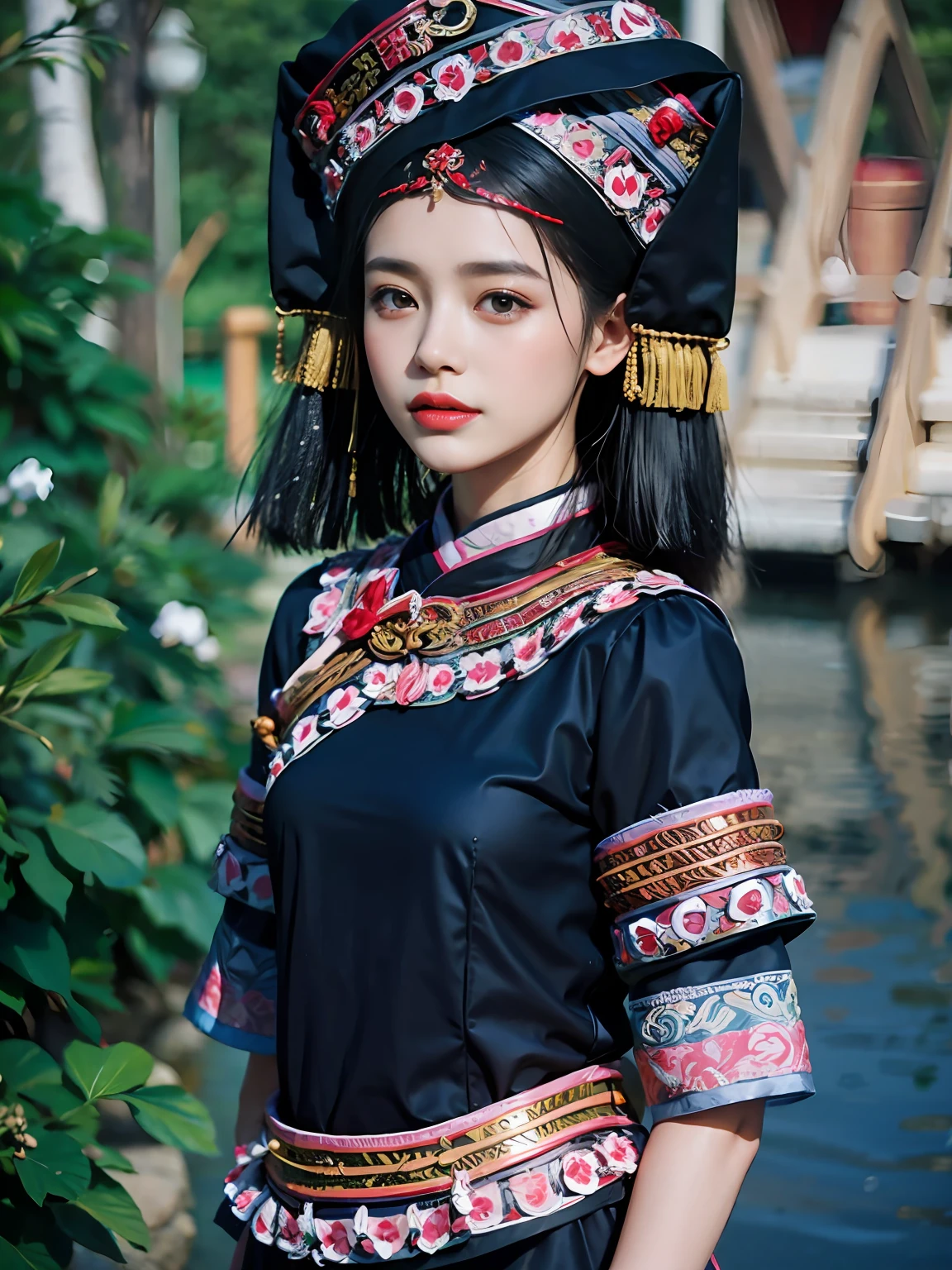 Beautiful woman standing by the pond in a black dress and hat, Traditional Zhuang costume, Traditional clothing of the Chinese Zhuang people, Chinese woman, traditionalcostumes, traditional garb, Traditional beauty, wearing authentic attire, Chinese costume, Traditional clothing, traditionalcostumes, Pair it with ancient Chinese Zhuang costumes, Chinese traditional, Chinese girl, inspired by Miao Fu, Inspired by Dai Xi