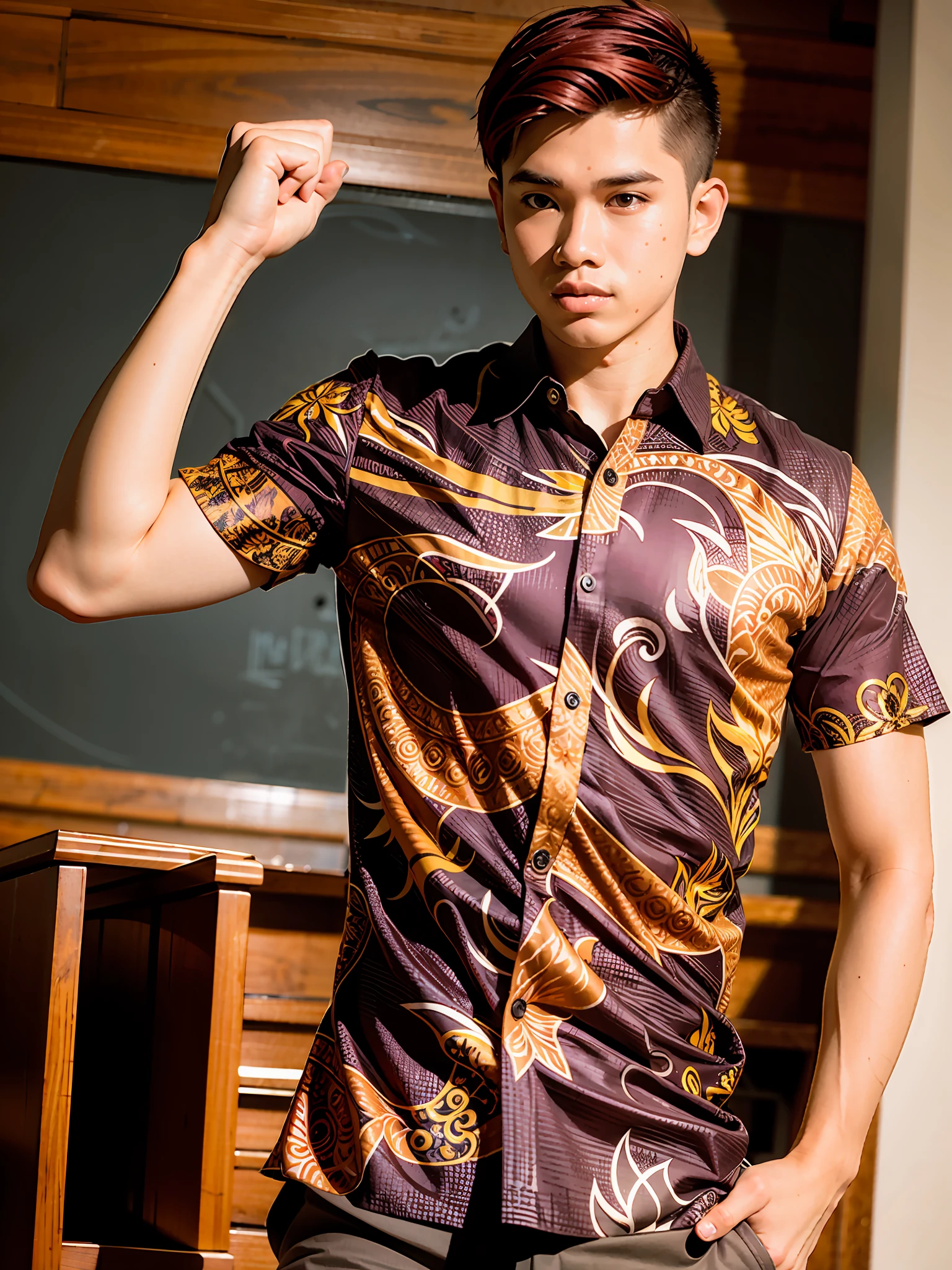 "Create a stunning masterpiece featuring a centered composition with a dynamic pose. The main subject is a calm and intelligent guy with striking red hair, standing confidently in a batik shirt. The background should depict a classroom setting."