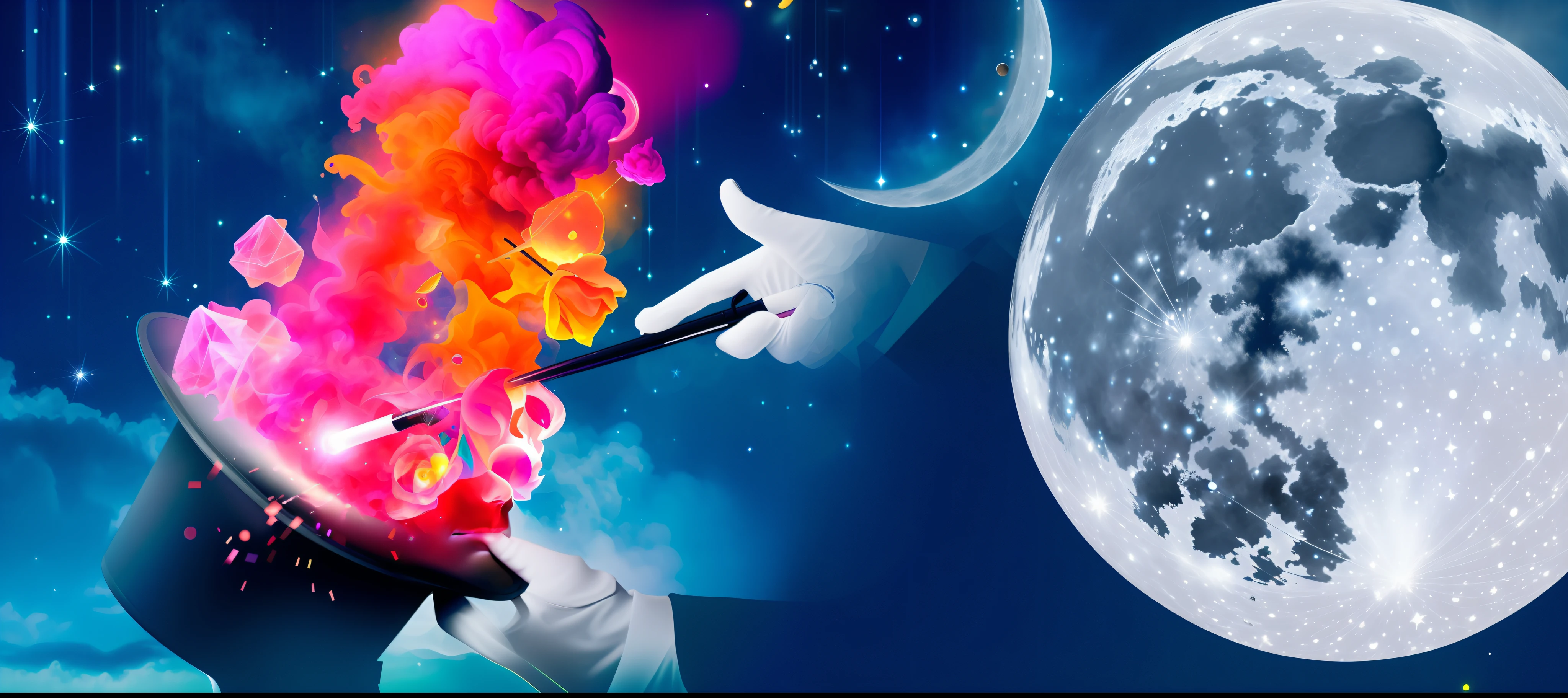 A magician with a magic wand and a hat on his head, Imagination Cosmic Dream, Magic art, flowing out of hand, Psychedelics, The theme of the stars and the moon, Magic particles in the air, Colorful magic effects, Psychedelic background spell, Magical colors and atmosphere, high-quality digital art, high-quality digital art, Digital collage, Magical colors and atmosphere