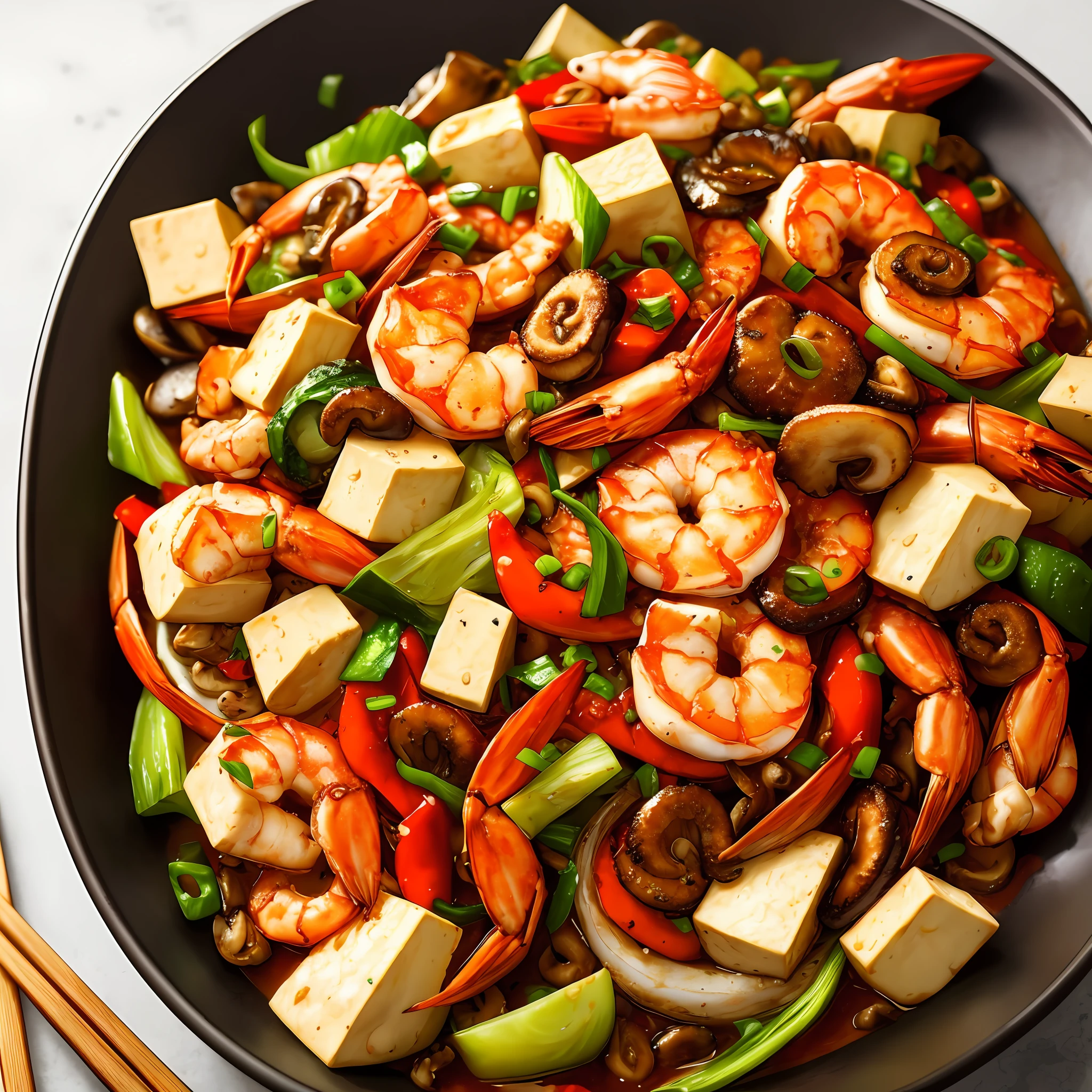 Close-up spicy mix, seafood mushrooms, small octopus, red oil, shrimp, green peppercorns, sixty-sixth century pepper, green vegetables, bok choy, tofu puffs, super realistic food pictures, the complete subject shown in the photo, a spoon is pouring into a bowl Red Oil, Randy Post, hyper realistic ", hyper realistic", high res photo --auto