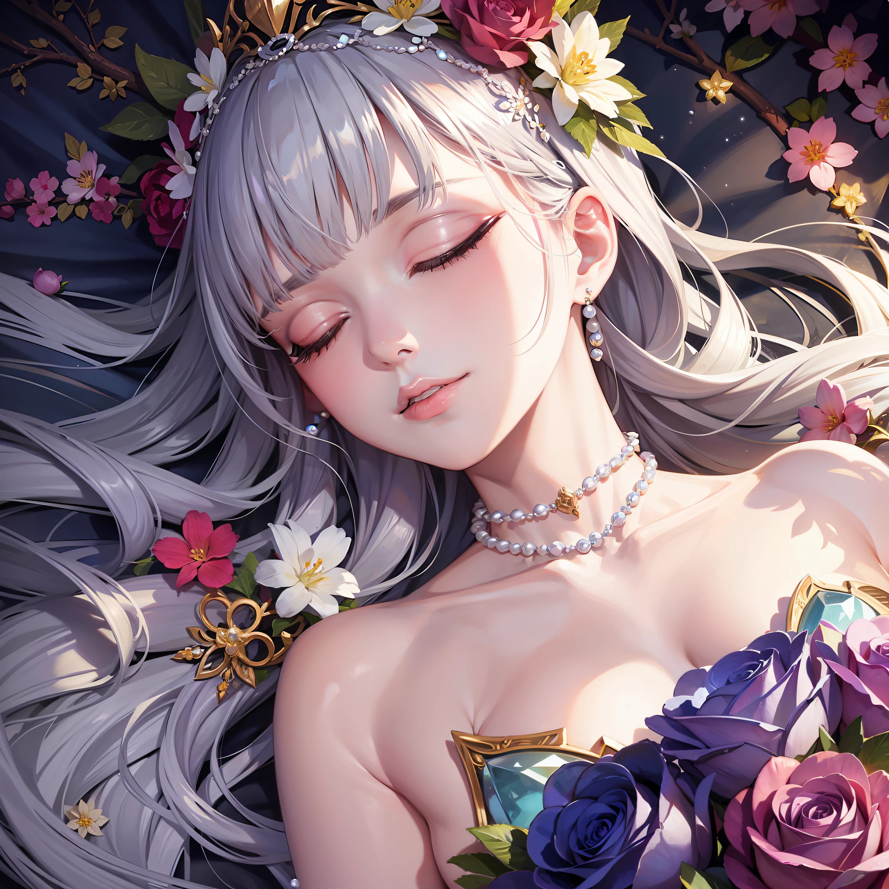 Lots of gems, Many flowers,sleeping beauty,pearls,Realistic