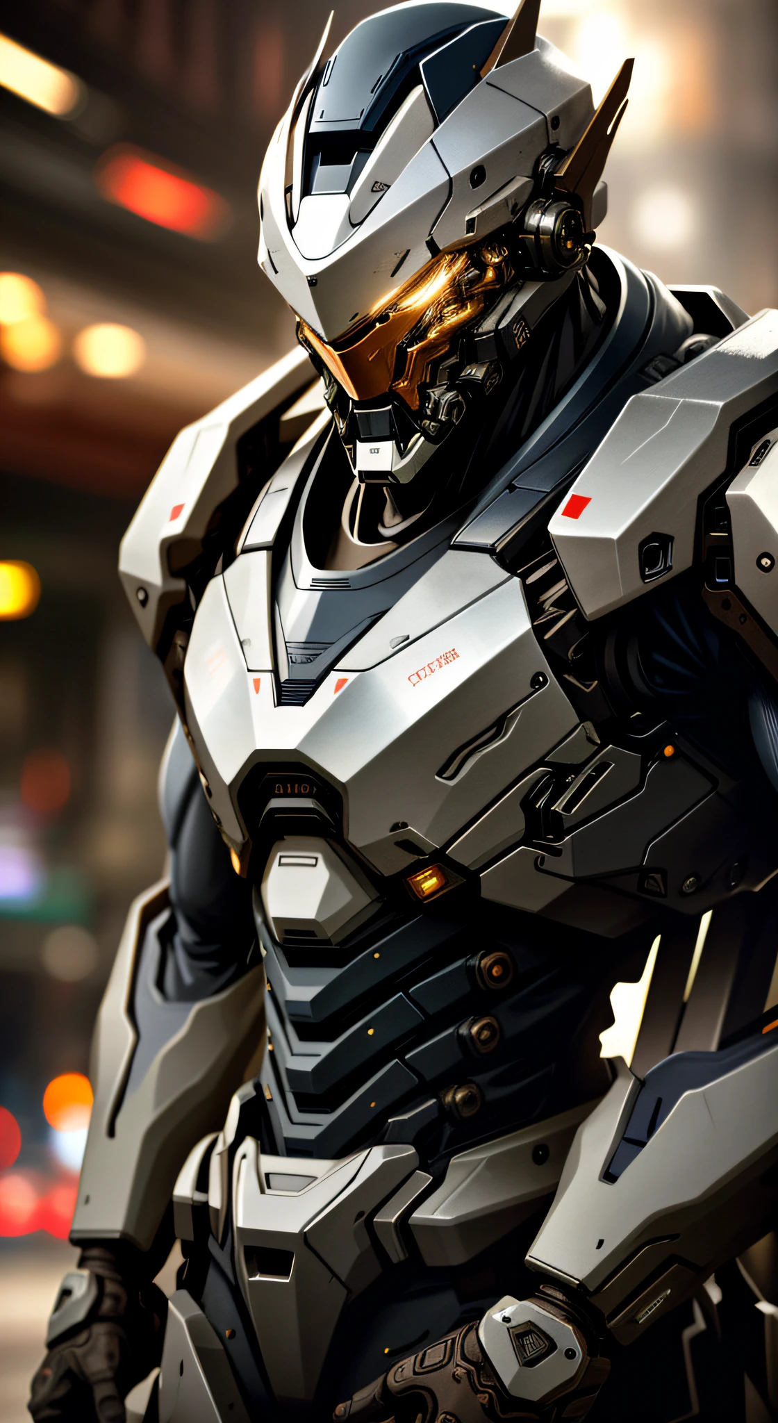 Portrait photo of an handsome male  ,perfect eyes ,  in a worn mecha exosuit,((light bokeh)), intricate, (steel metal [rust]), elegant, sharp focus, photo by greg rutkowski, soft lighting, vibrant colors, masterpiece, ((streets)), detailed face