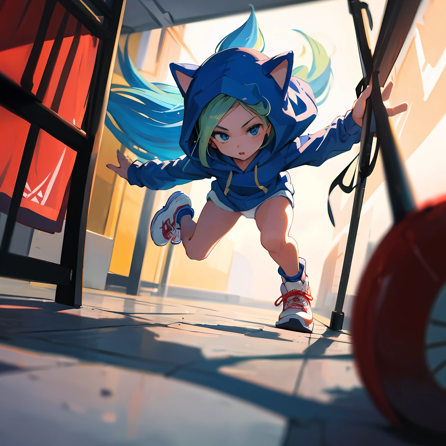 (masterpiece:1.2, best quality), (highly detailed), 1girl, girl, teenng legs, long hair, blonde, (white panties), (blue sonic the hedgehog hoodie), hood on, red sneakers, running in gym, low angle, Original Character, Volumetric Lighting, Best Shadows, Shallow Depth of Field, (Highest Quality, Amazing Details:1.25), Brilliant Colorful Paintings