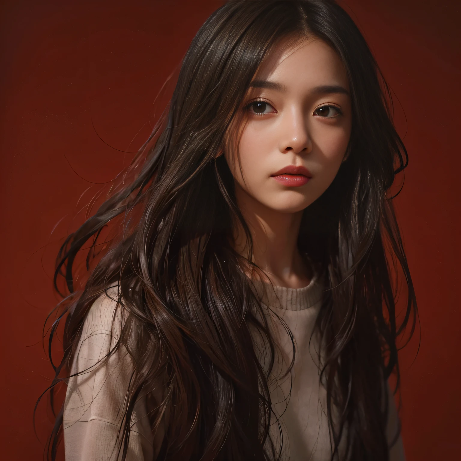 a 20 yo woman,long hair,dark theme, soothing tones, muted colors, high contrast, (natural skin texture, hyperrealism, soft light, sharp),red background,simple background,