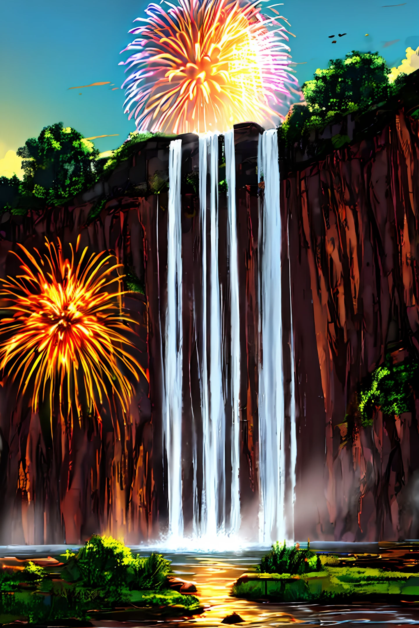 Fantastic fireworks and waterfalls