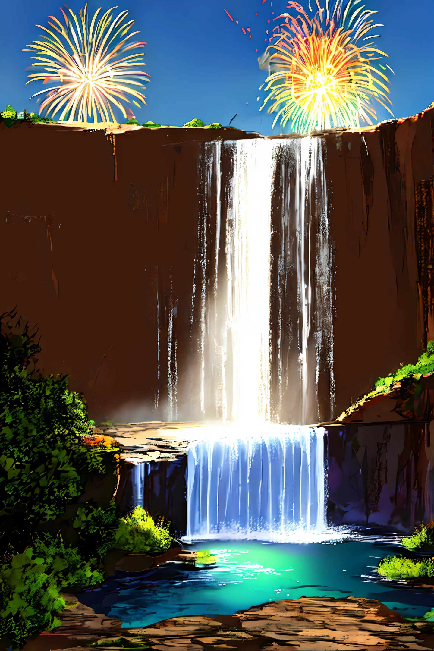 Fantastic fireworks and waterfalls