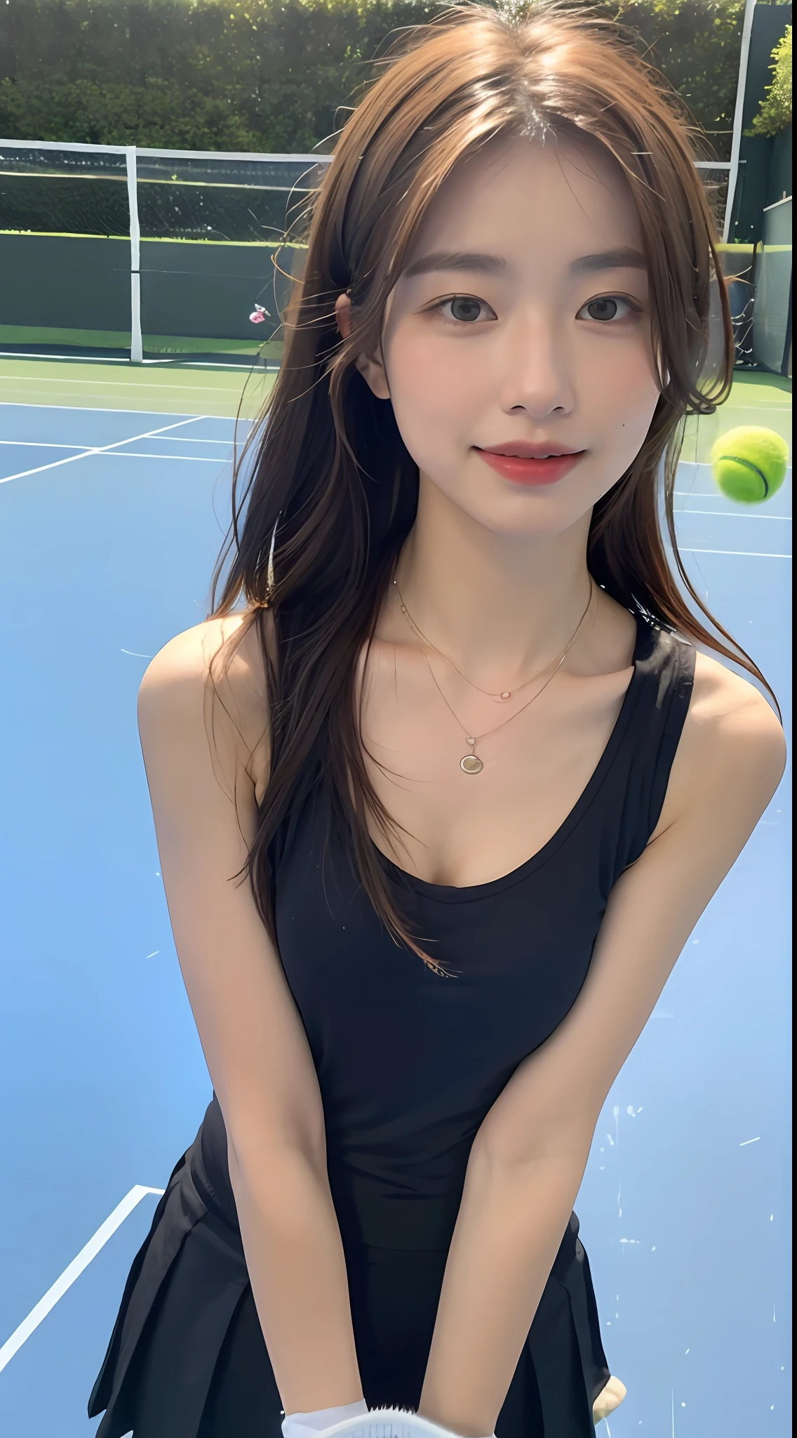 ((Sunny tennis court、Realistic light、top-quality、8K、masterpiece:1.3))、1girl in、Slim Beauty:1.4、abdominals:1.1、(brown haired、Medium chest:1.3)、Tennis Wear:1.1、Golf Course、ultra beautiful faces、Delicat eyes、二重まぶた、A smile、a necklace、8Equivalent