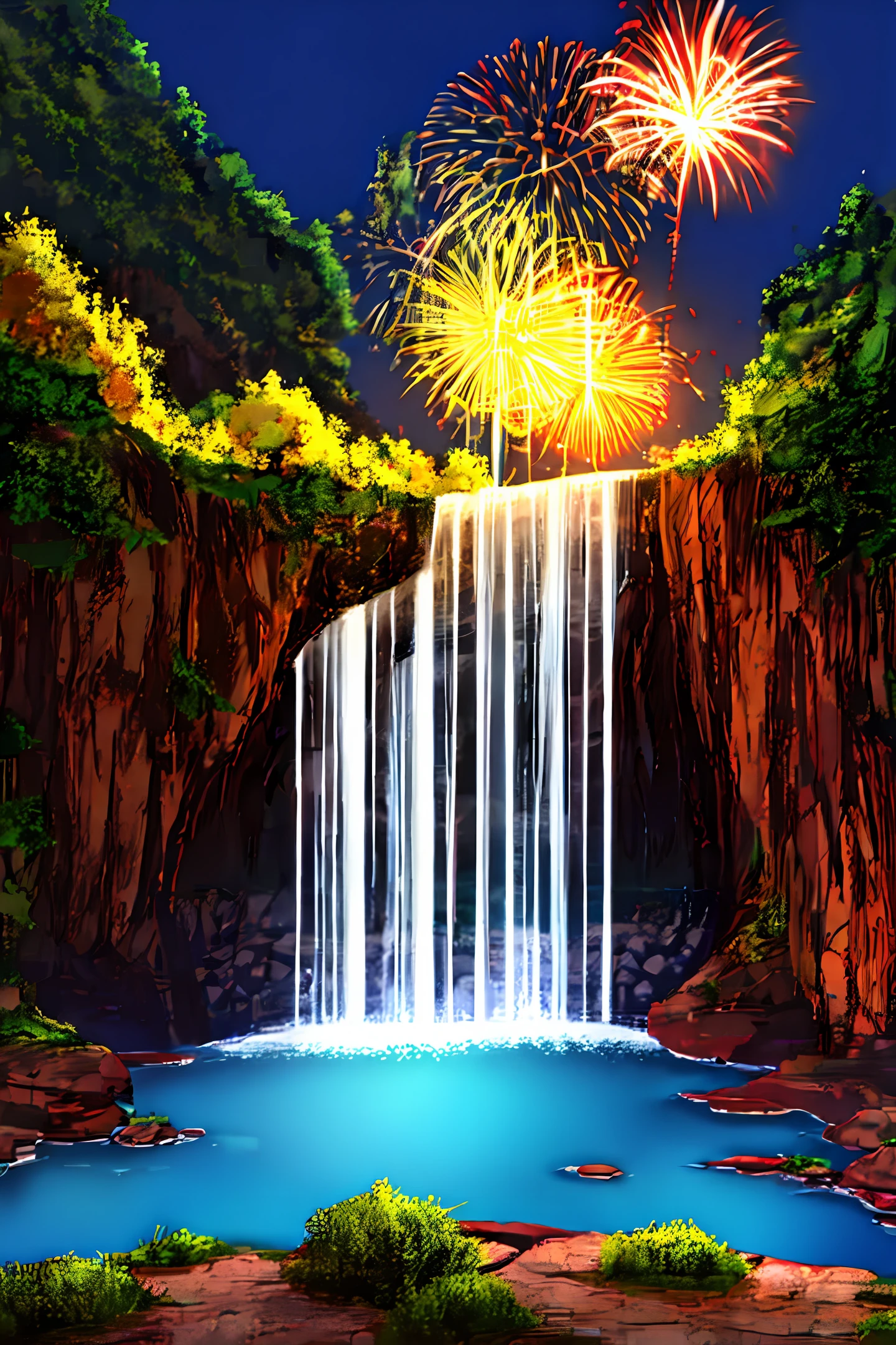 Fantastic fireworks and waterfalls