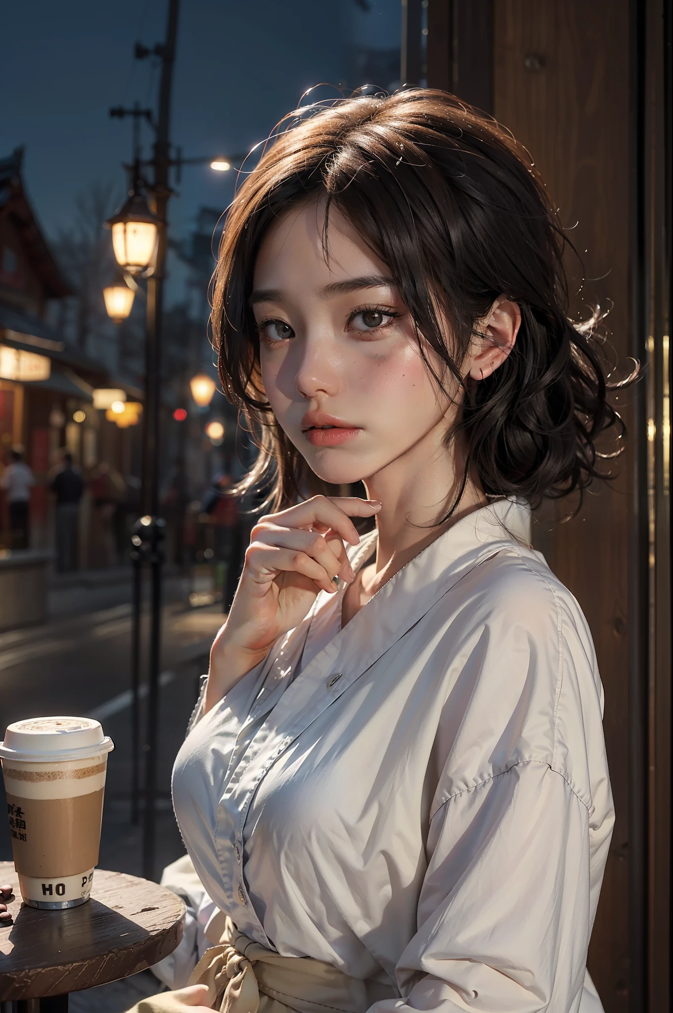top-quality、masterpiece、超A high resolution、top-quality、masterpiece、超A high resolution、(Photorealsitic:1.4)、Raw photo、One girl、The upper part of the body、in coffee shop、Deep Shadows、Night theme、Still bright、asian human、japanes