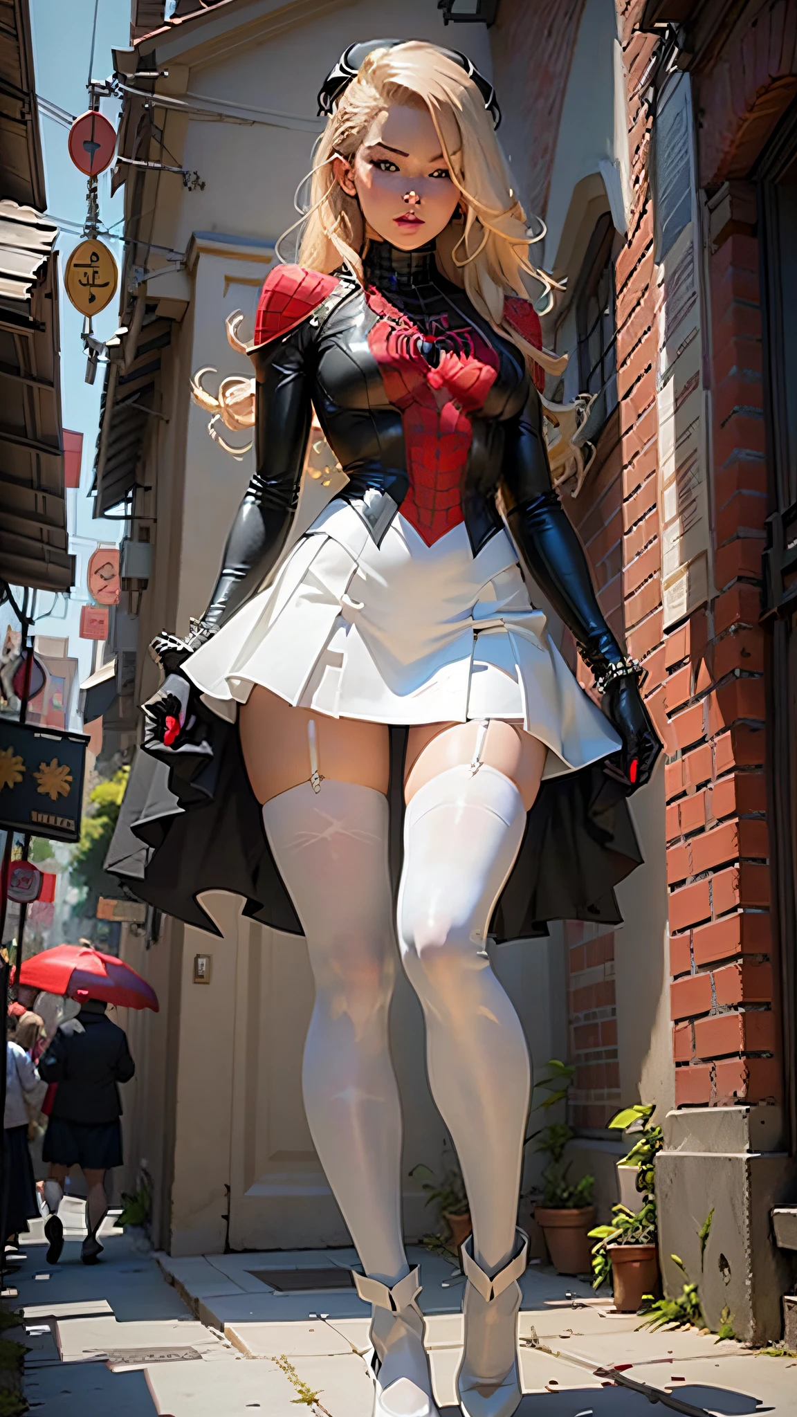 Beautiful woman detailed defined body using spider man cosplay，little breast，，Beautiful legs，Full body photo，white stockings，Stockings，black short skirt，blond hairbl，Black booties
