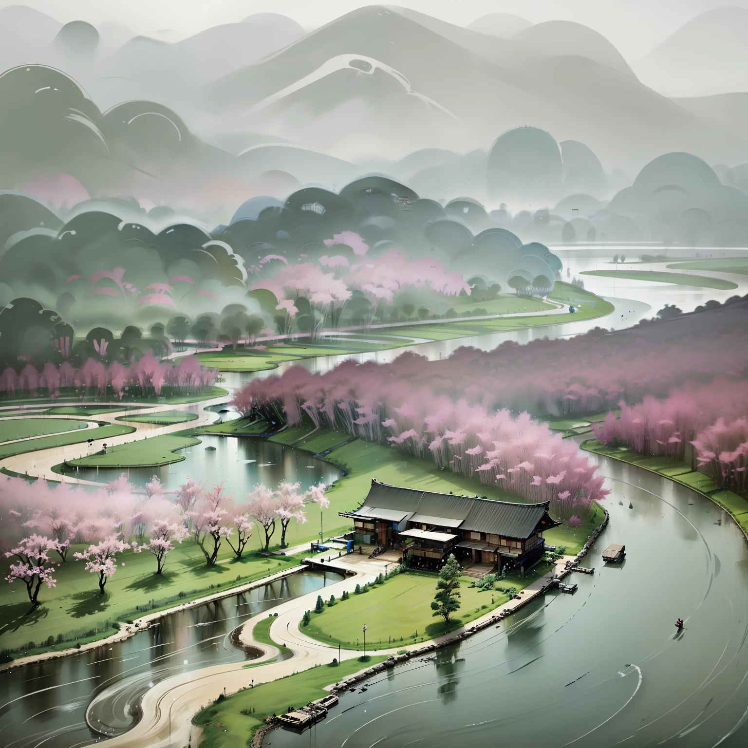 Smoke and rain Gangnam,There are long rivers and lakes,farm land,Country house,Gangnam architecture,Peach blossoms bloom,4k