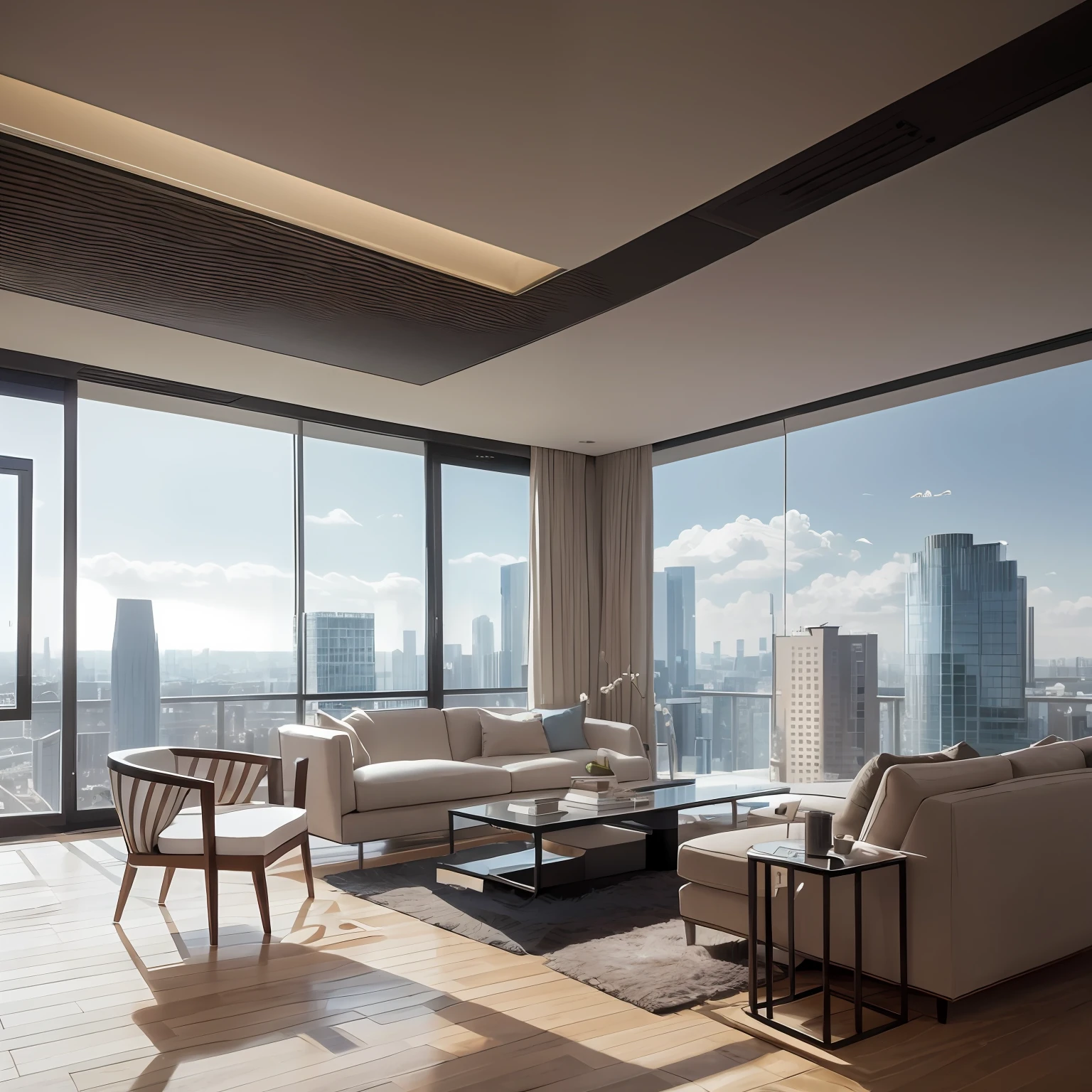 High resolution concept art for apartment living room,Overlooking the large futuristic city,Floor-to-ceiling windows and medieval modern furniture, film lighting, CGsociety。 --auto