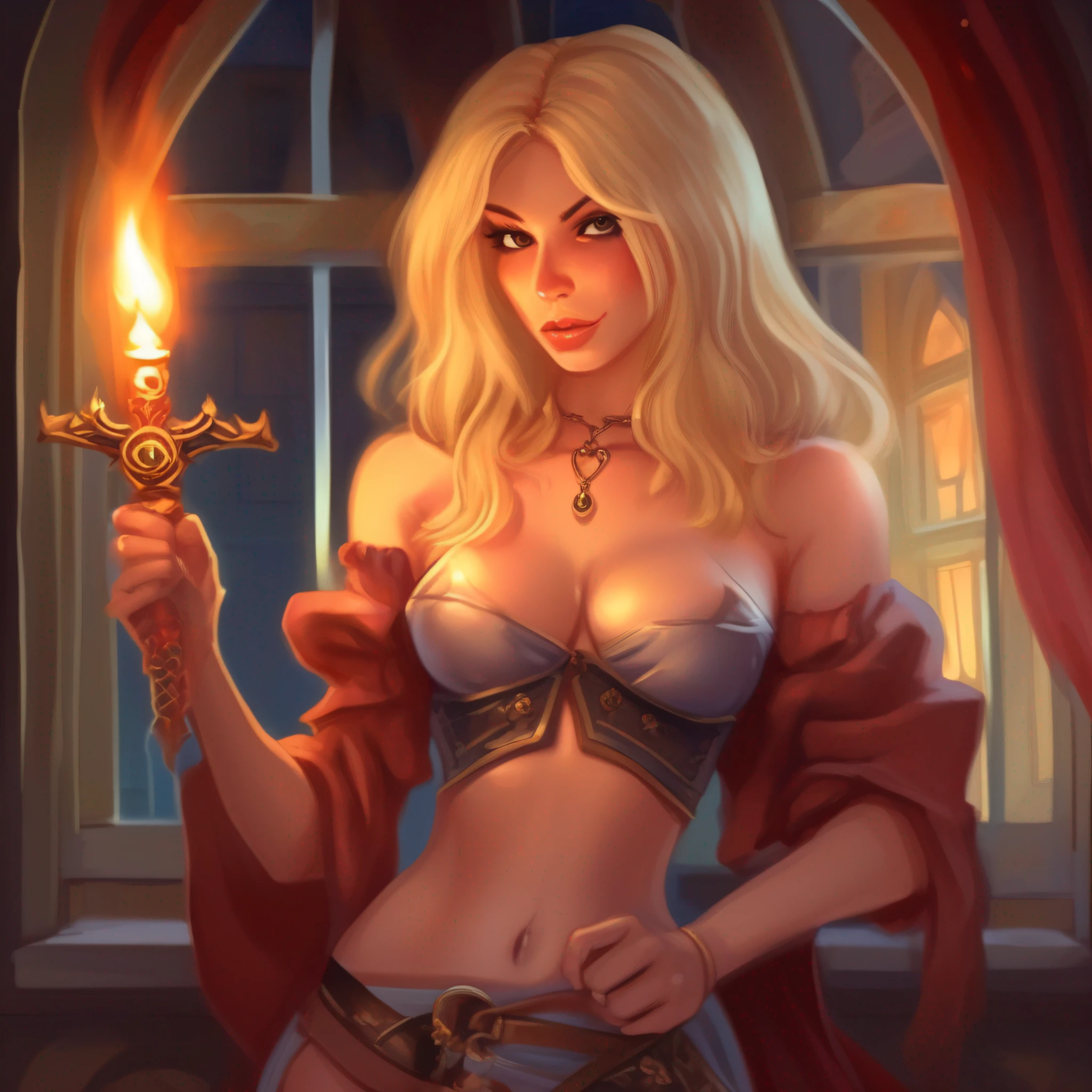 painting of a cartoon of a woman in a sexy outfit with a sword in her hand and a window behind her, 1girl, bangs, bare shoulders, blonde hair, breasts, candle, cleavage, detached sleeves, fire, flame, hair ornament, indoors, jewelry, lips, long hair, looking at viewer, magic, medium breasts, navel, pelvic curtain, revealing clothes, smile, solo, thighs, very long hair, wide sleeves, window, yellow eyes,