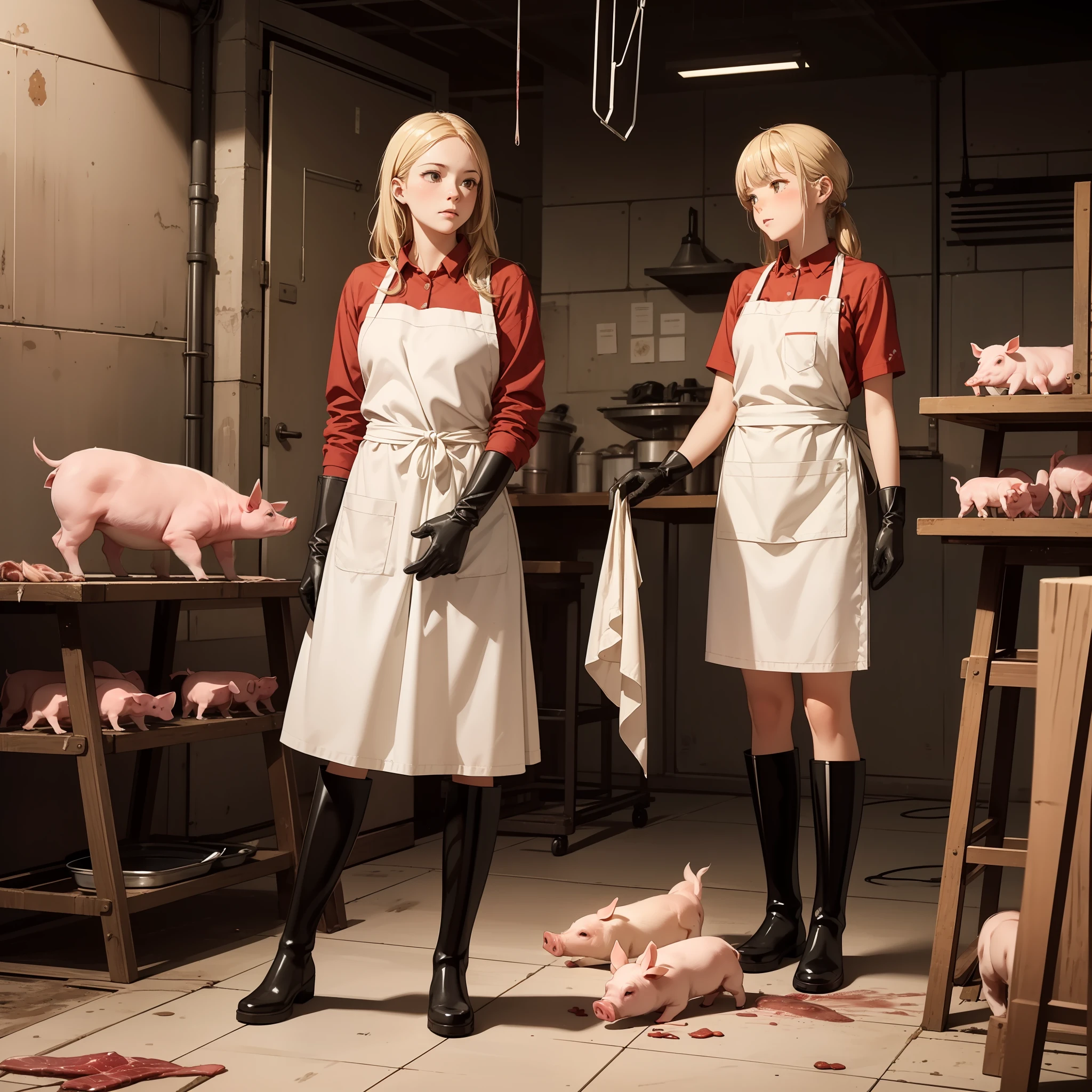 Livestock killing farm,anatomically,Pig hanging on a hook,　offal scattered on the floor,,,　Beautiful blonde girl dissecting. Shoulder-length rubber gloves, Rubber Apron,Dirty rubber boots,White knee-length rubber boots,Stand and look down, Small dissecting knife,Condescending pigs,Drawing from below,Stand and look down, Full body view from below,