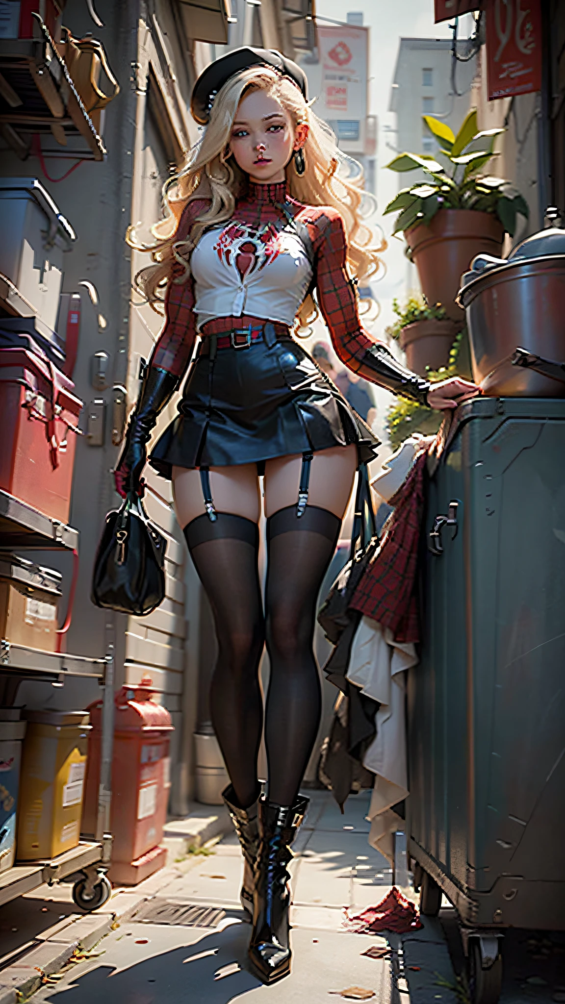 Beautiful woman detailed defined body using spider man cosplay,little breast,,Beautiful legs,Full body photo,white stockings,Stockings,black short skirt,blond hairbl,black long boots