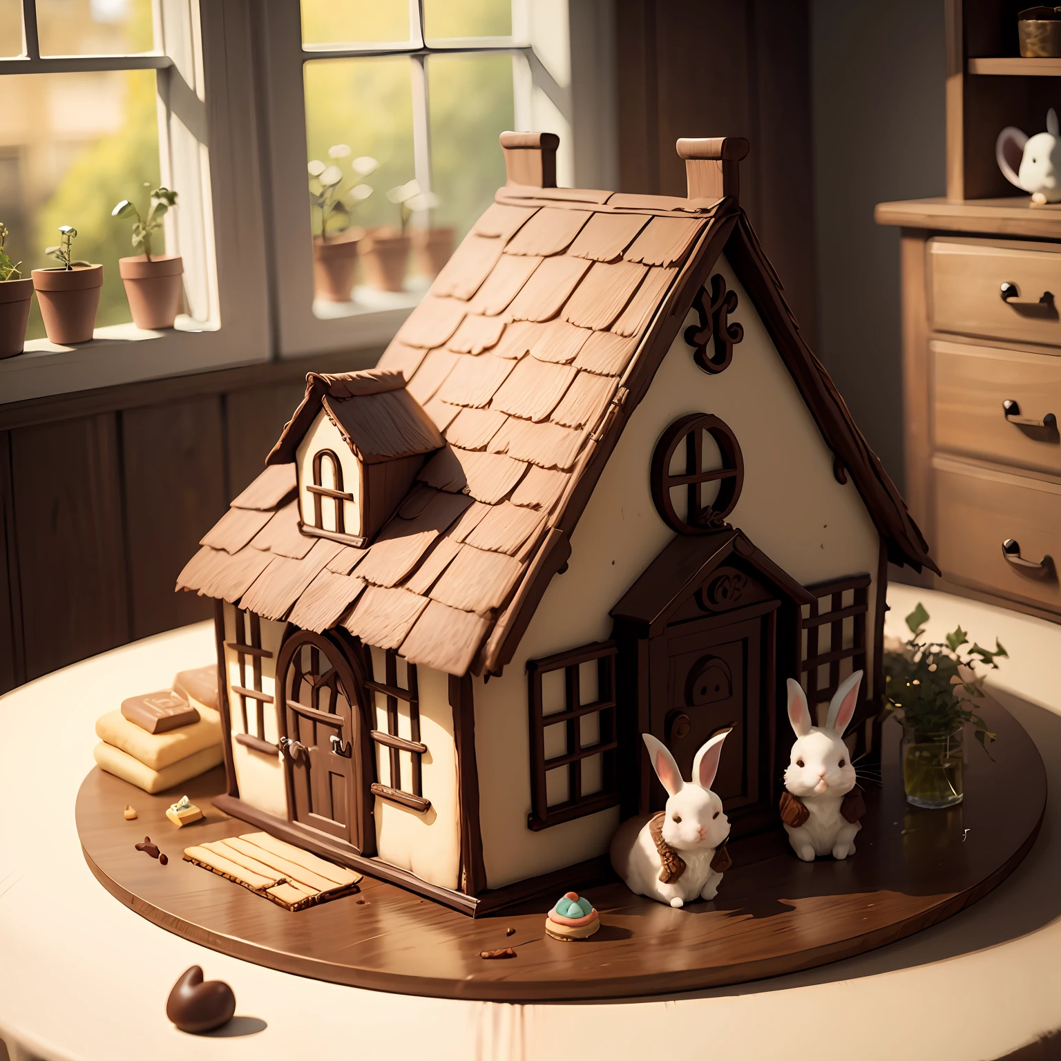 A blissful house of cute rabbits made of chocolate and biscuit sweets --auto