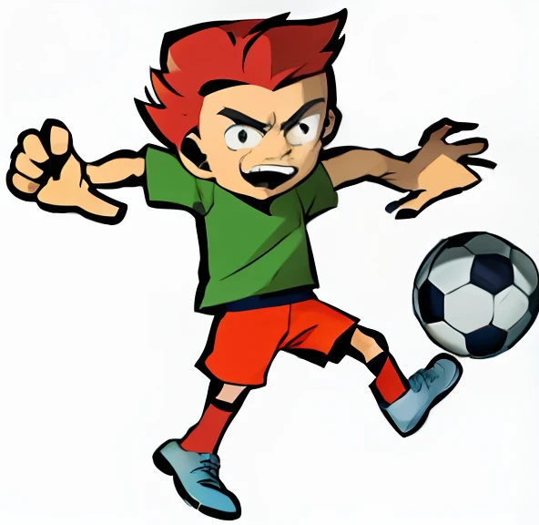 A cartoon boy playing football，Image of a depicted football player，Dynamic kicking action，Works by Harry Bikkhoff，Cartoon and simplified style，football mascot，Kick it，soccer ball，Cartoon rendering of artistic depictions，inspired by Ivan Meštrović，Created by Adobe Illustrator。