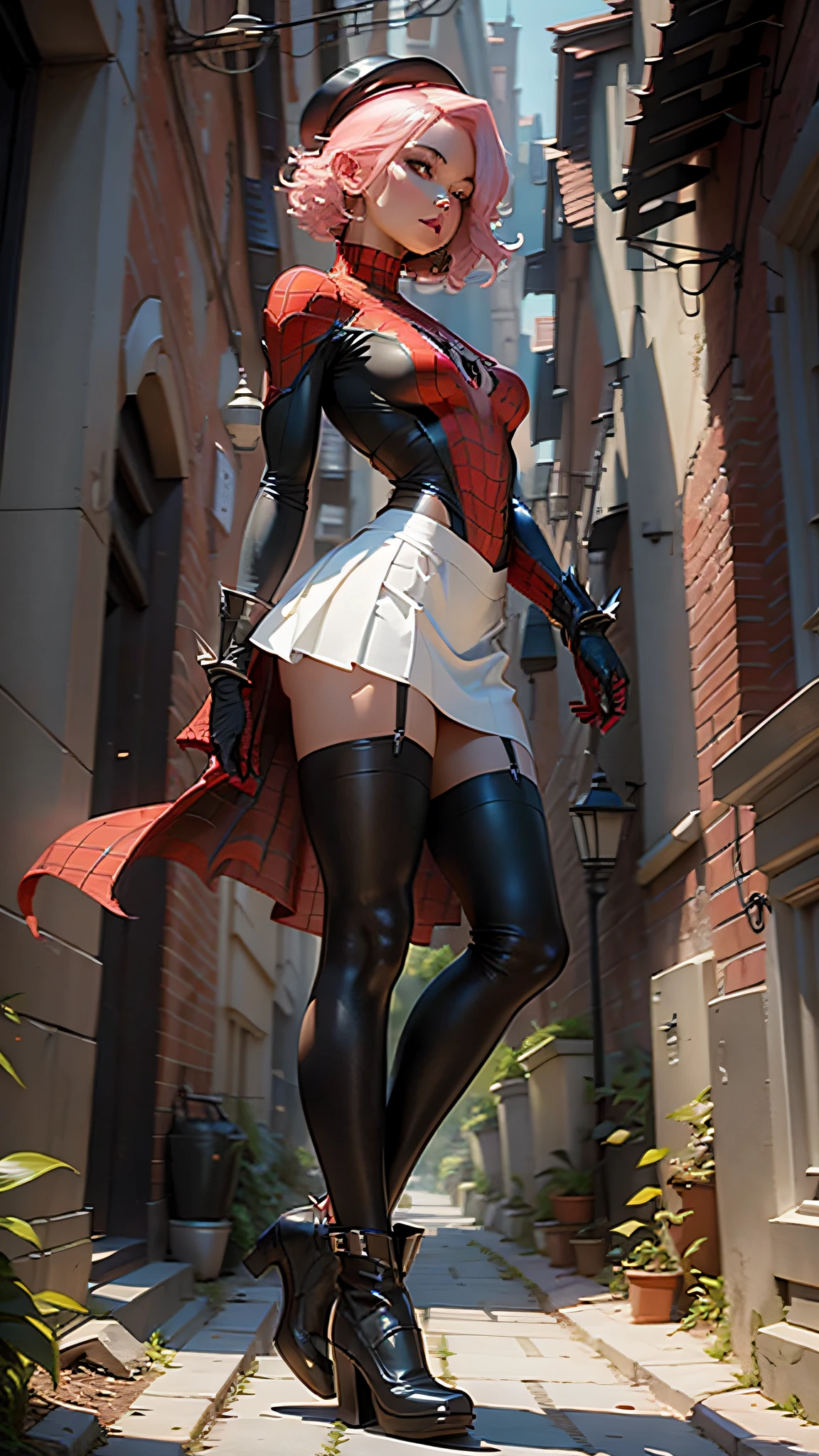 Beautiful woman detailed defined body using spider man cosplay,little breast,,Beautiful legs,Full body photo,white stockings,Stockings,black short skirt,A pink-haired,black long boots