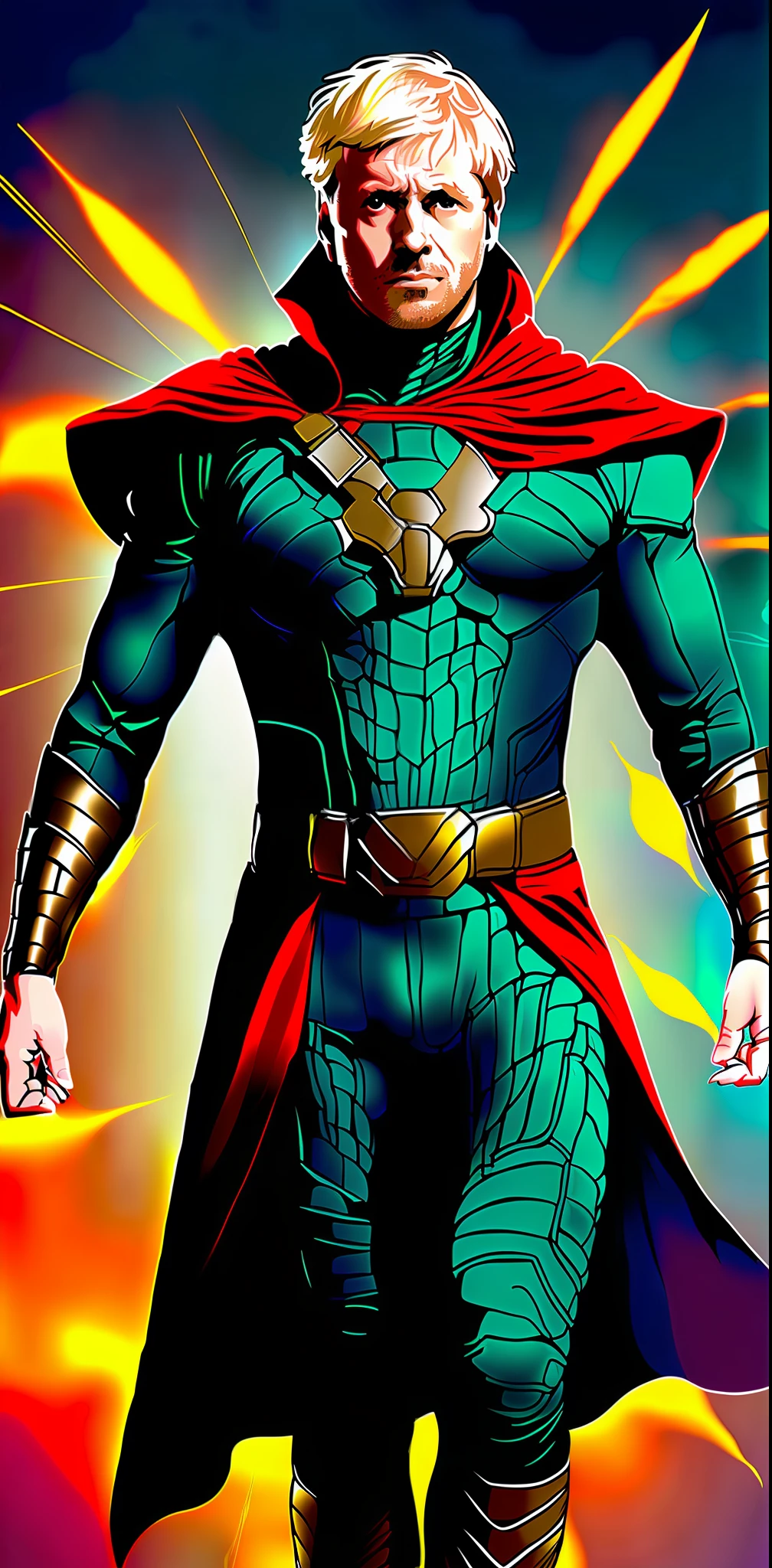 um homem com uma roupa verde com uma capa vermelha e uma luz amarela, Doutor Estranho, DR ESTRANHO, O Deus da Travessura, mysterio, lord of regeneration, Filme ainda de 'Doutor Estranho', Filme ainda de 'Doutor Estranho', personagem do cartaz do filme, Asgardiano, Boris Johnson como Dr.. estranho, medium close - up ( Mcu )