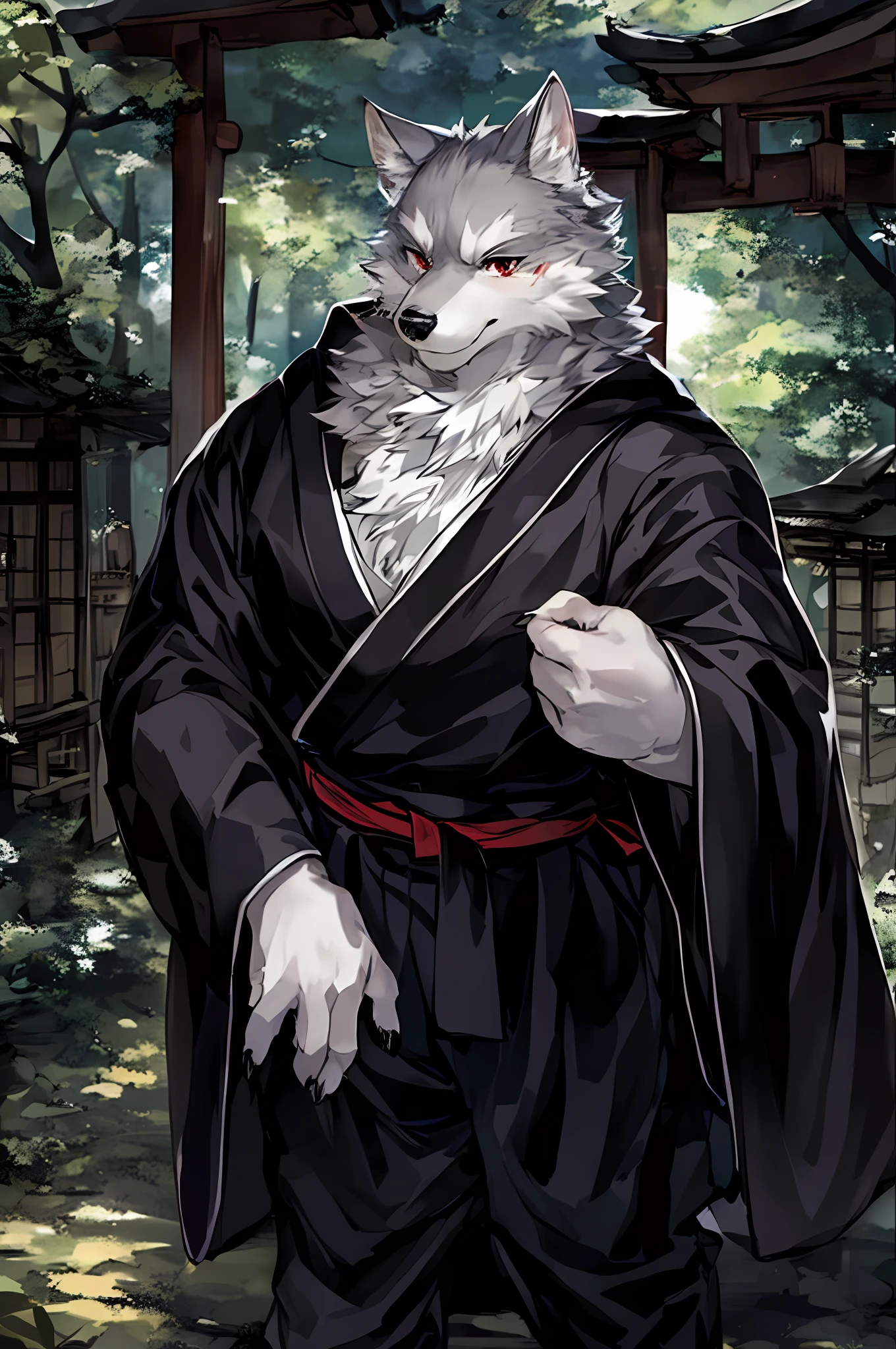 light gray wolf, masterpiece, best quality, absurd res, by kiyosan, by null-ghost, furry, wolf, male, muscular, solo, long black cloak, (wide trousers)+, kimono, katana, weapon, silver blade, black handle, holding katana, katana in hand, red pupils, black eyes, thick eyebrows, light gray fur, silver fur, (scar on nuzzle:0.9), looking at viewer, detailed fur, fluffy, tail, detailed background, japanese village