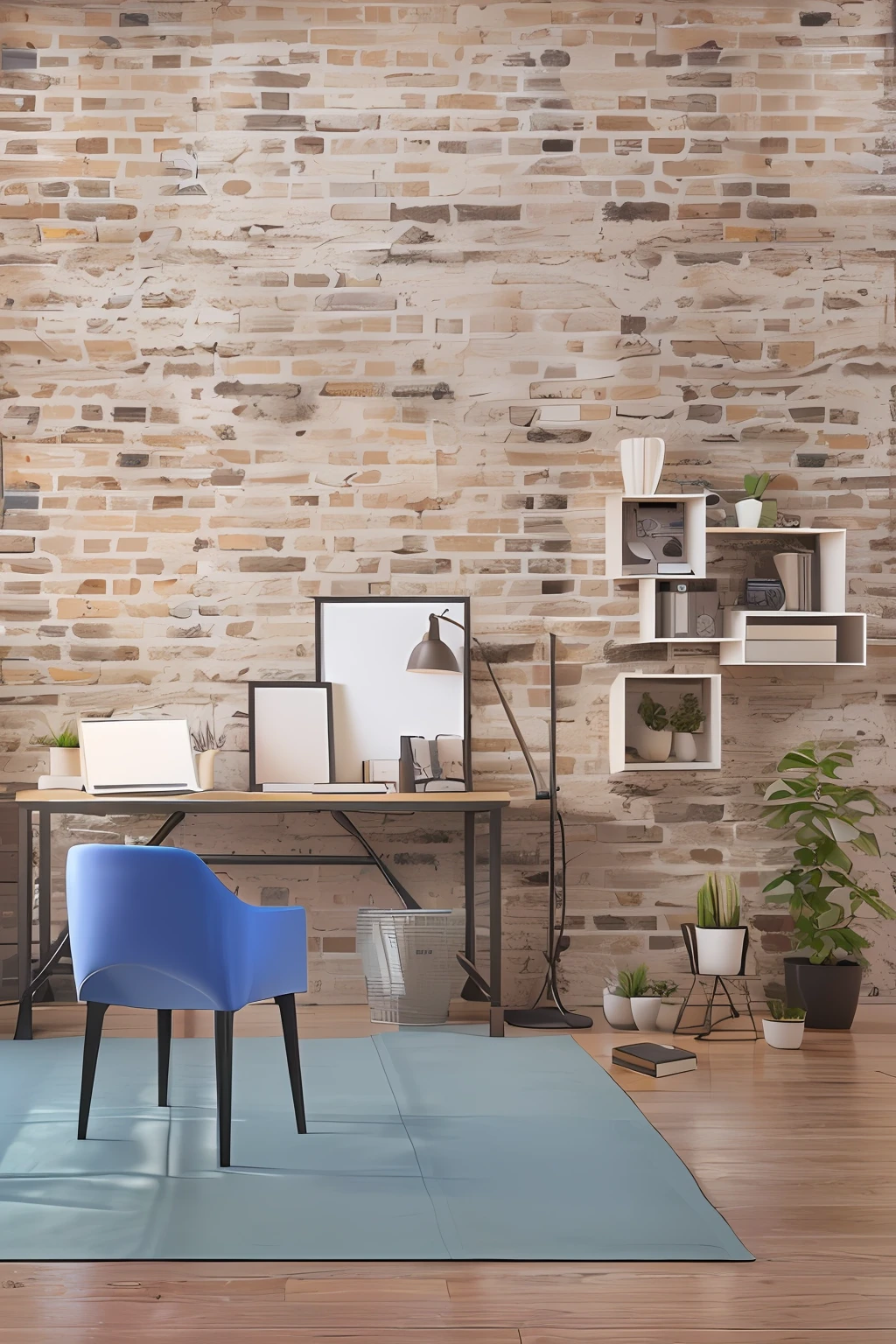 There is a blue chair in front of the brick wall, home office interior, picture of a loft in morning, picture of an interior loft, highly detailed 3d render, highly detailed 3d render, interior of a loft, very realistic 3 d render, 3 d hyper realistic render, hyperrealistic 3 d render, in style of 3d render