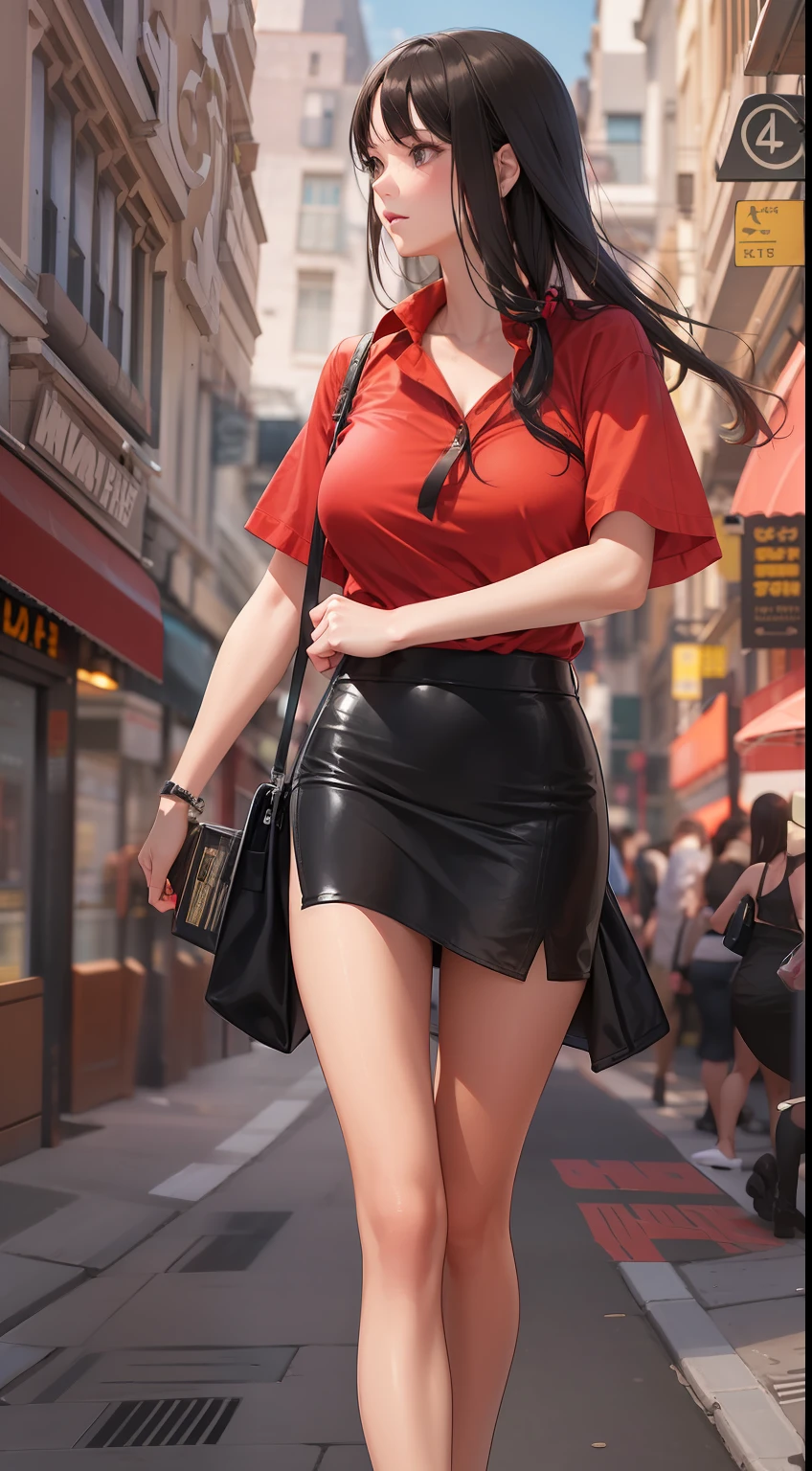 A woman who is，Red shirt on the upper body，Appeared in a black miniskirt，Walk the streets of the city