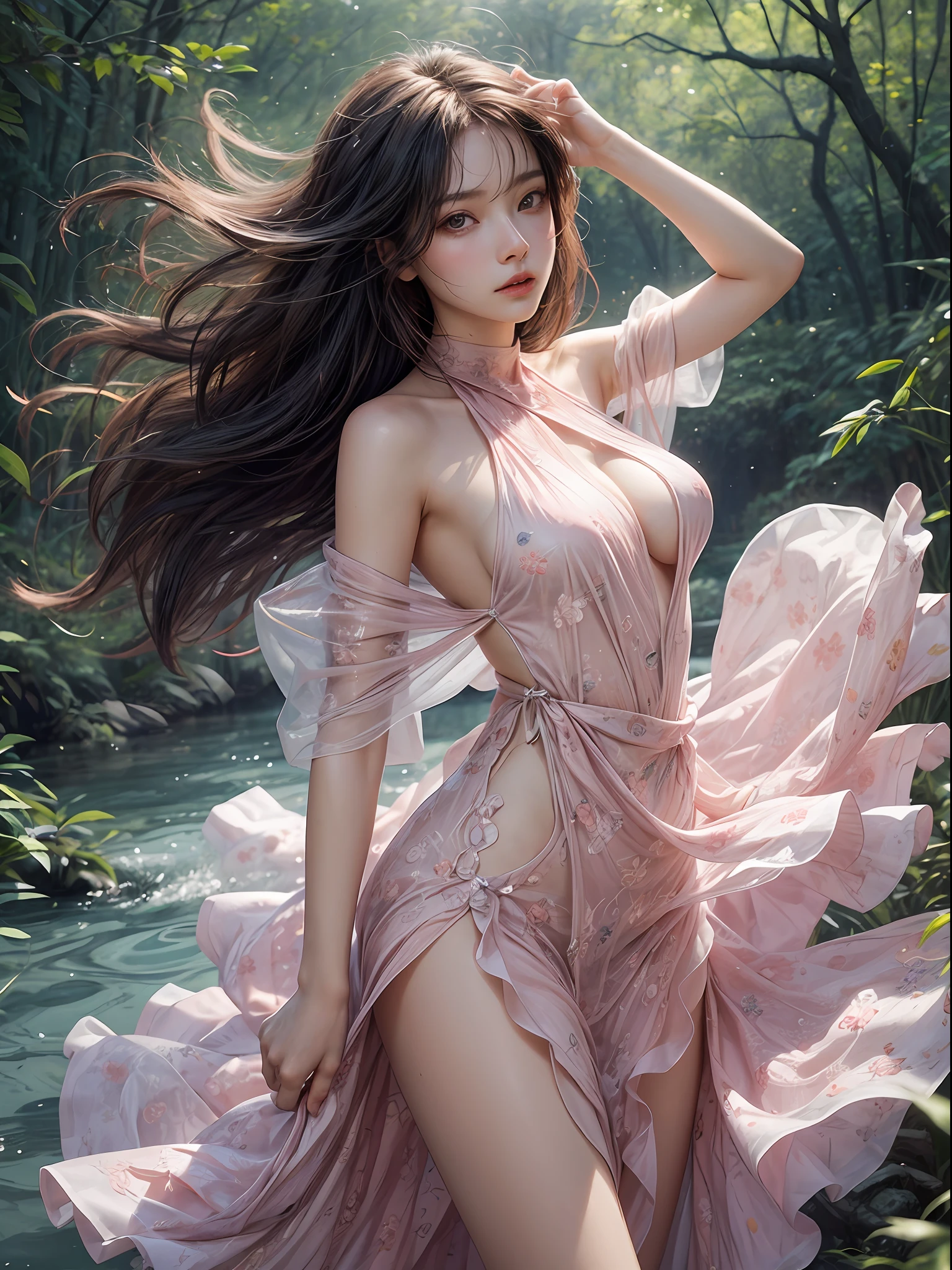 Holding a pale pink floral see-through stole with both hands、Swaying in the wind。Wearing a loose lilac see-through halter neck dress。Skirt flutters in the wind and spreads。Dynamic Posing。Dancing Poses。
Loose clothing shows shoulders。Very beautiful girl at 19 years old。
Hair swaying in the wind。 masutepiece、Best Photoreal、portlate、Sheer clothing、wetted skin、Wet hair、Sexy look、Functional、Bewitching、Clothes with an open back、Oblique composition、The background is a waterfall in the forest、Prone、