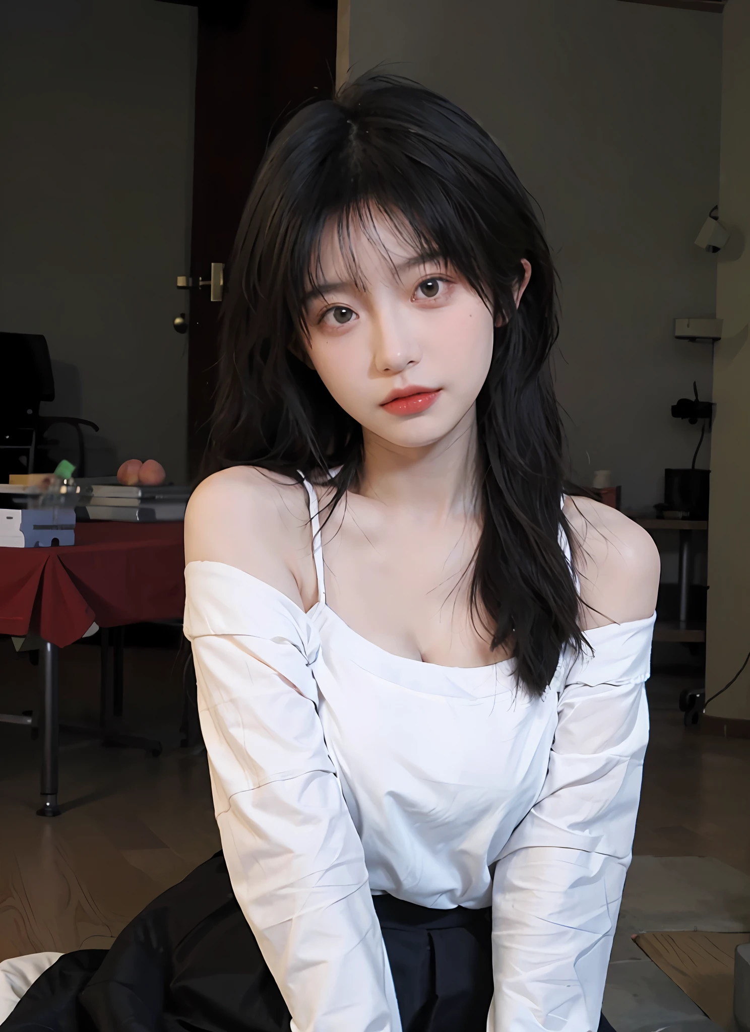 best qualtiy， 超高分辨率， （realisticlying：1.4）， one-girl， A pair of clear and moving peach blossom eyes,Royal sister，Off-shoulder white shirt， Black tight skirt，  （Faded gray-gray hair：1）， （big cleavage breasts：1.2）， looking at viewert， closeup cleavage ，