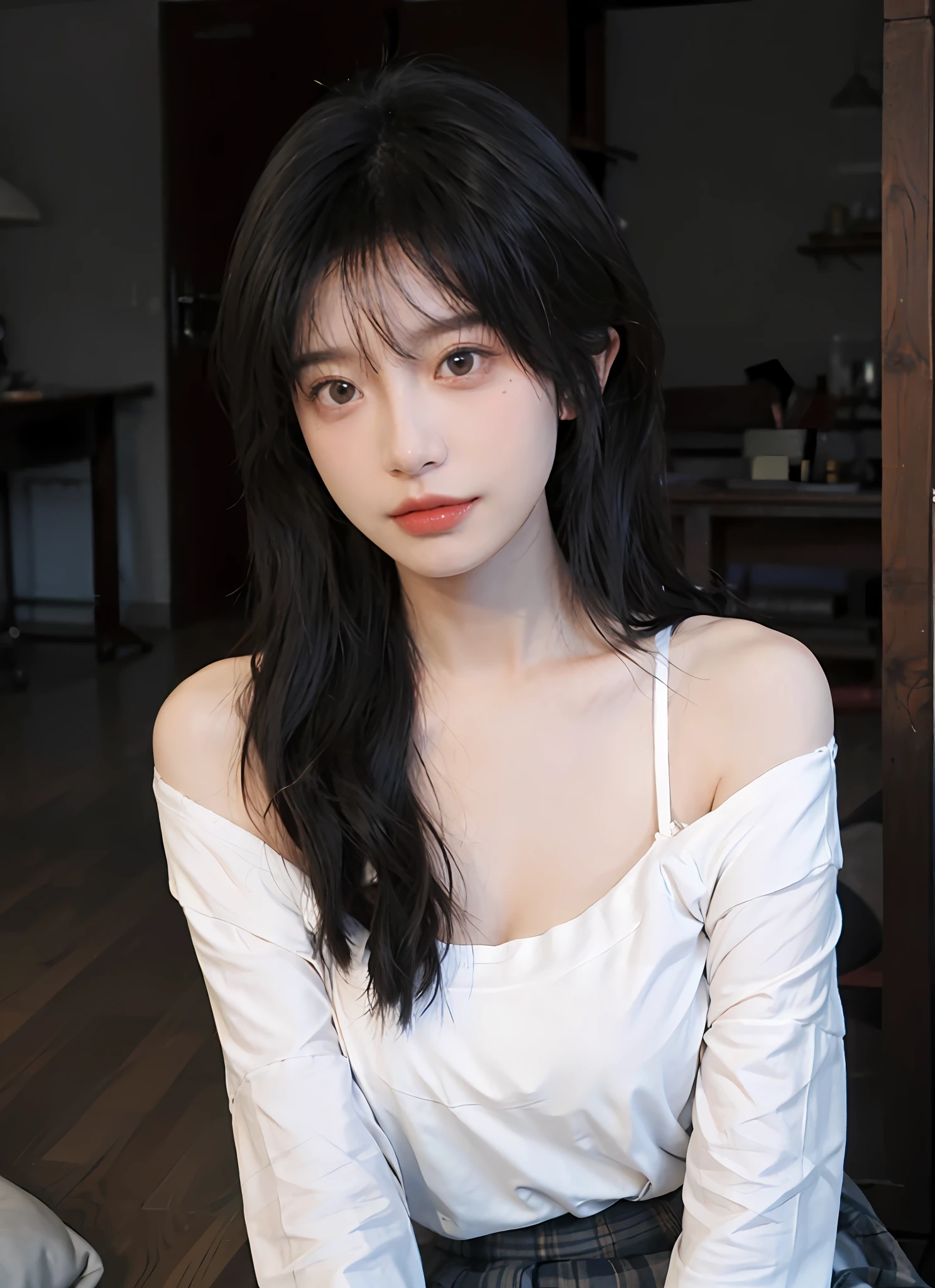 best qualtiy， 超高分辨率， （realisticlying：1.4）， one-girl， A pair of clear and moving peach blossom eyes,Royal sister，Off-shoulder white shirt， Black tight skirt，  （Faded gray-gray hair：1）， （big cleavage breasts：1.2）， looking at viewert， closeup cleavage ，