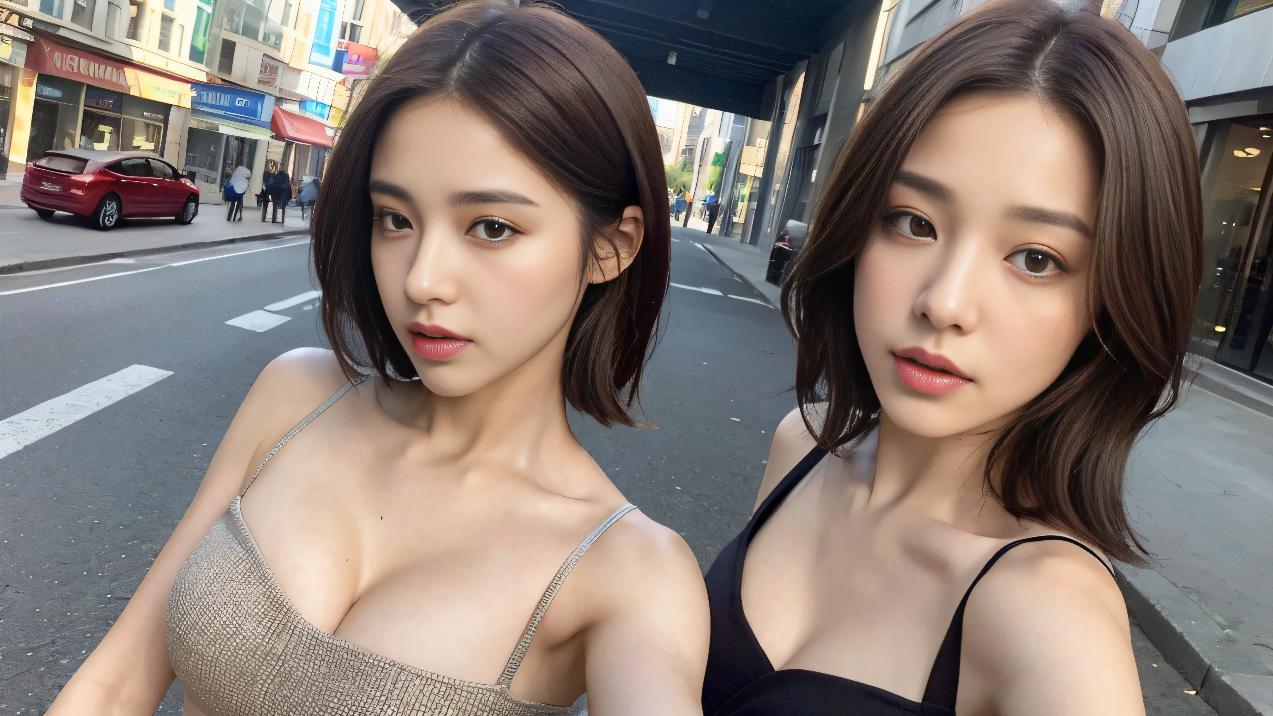 ((Realistic lighting, Best quality, 8K, Masterpiece: 1.3)), Clear focus: 1.2, 1girl, Perfect Body Beauty: 1.4, Slim Abs: 1.1, ((Dark Brown Hair, : 1.3)), (Aqua Dress: 1.4), (Outdoor: 1.1), City Street, Super Fine Face, Fine Eyes, Double Eyelids, Exposed cleavage
