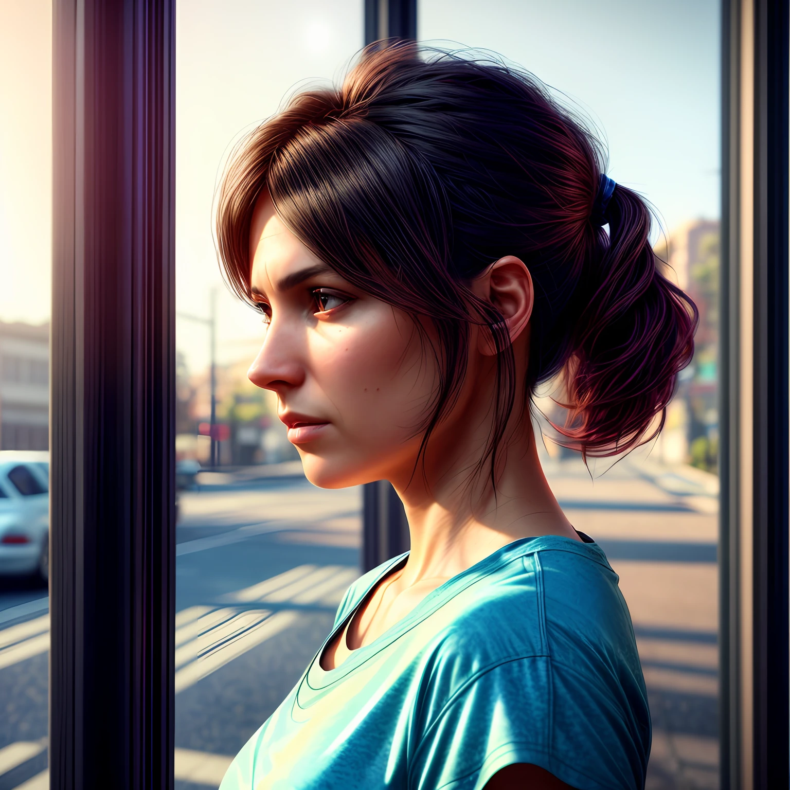 a women, 42 yo women, (indoors|street), t-shirt, sport wear,(soothing tones:1.25), (hdr:1.25), (artstation:1.2), dramatic, (intricate details:1.14), (hyperrealistic 3d render:1.16), (filmic:0.55), (rutkowski:1.1), (faded:1.3), looking at viewer, black hair, plump, slim body, rim lit, sunlight, upper body, hand on shoulder