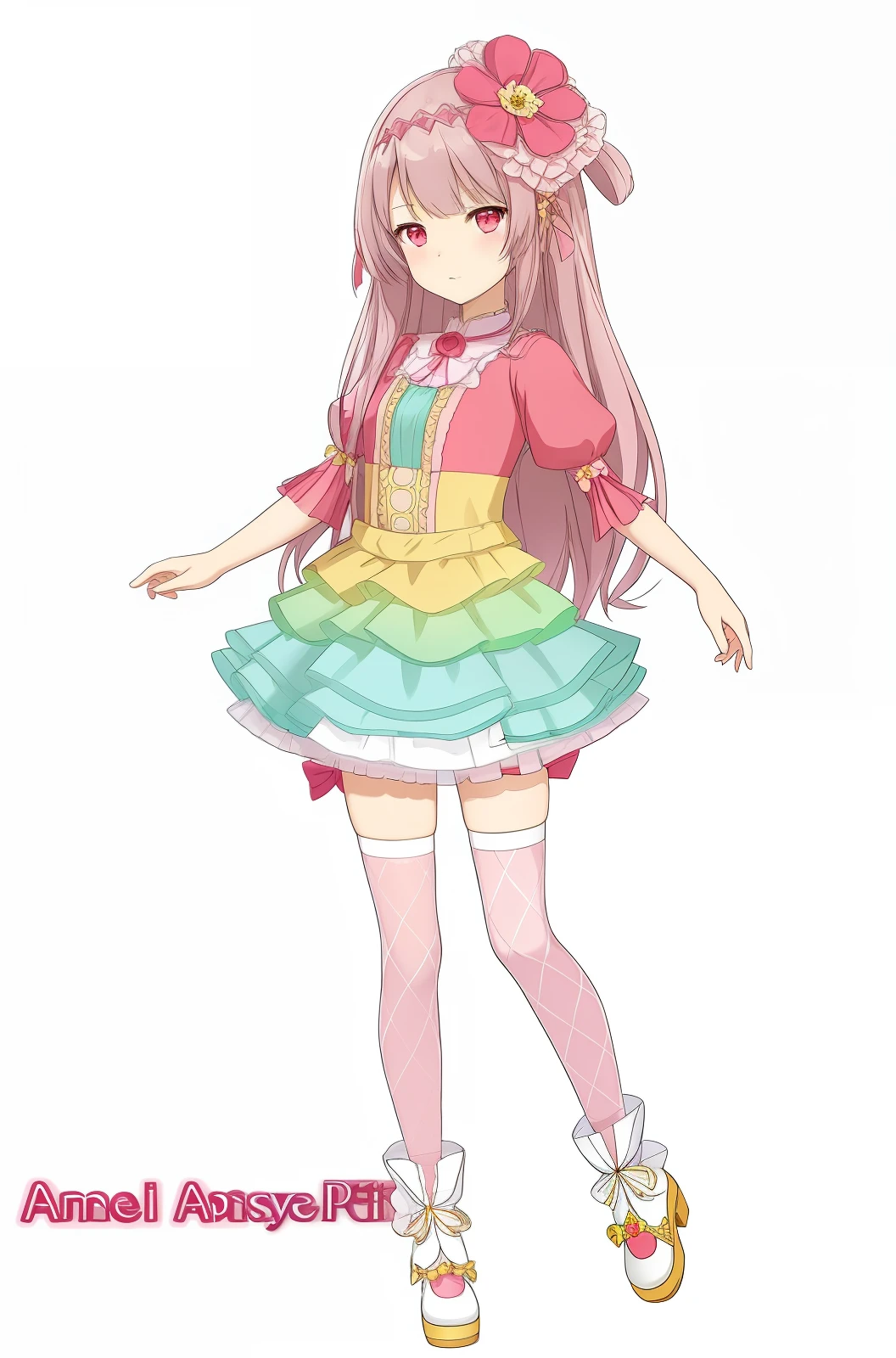 anime girl in a dress with a flower in her hair, in dress, cute anime waifu in a nice dress, anime vtuber full body model, !!full body portrait!!, official character art, anime full body illustration, pretty anime character design, small curvy lolinder of april, loli, ofal art, clear outfit design, red eyes